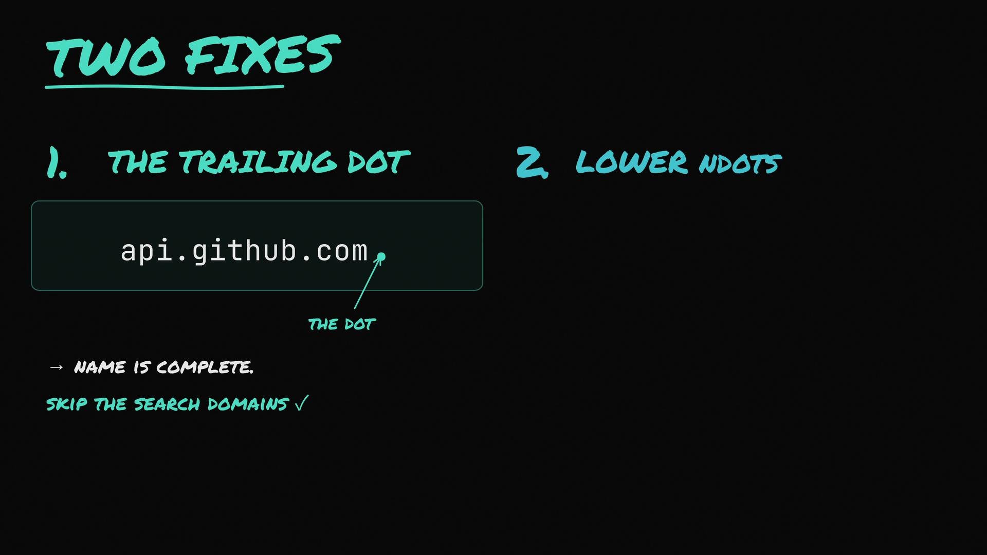 The image describes two fixes related to domain name completion: adding a trailing dot and lowering ndots, with an example using "api.github.com" to illustrate.