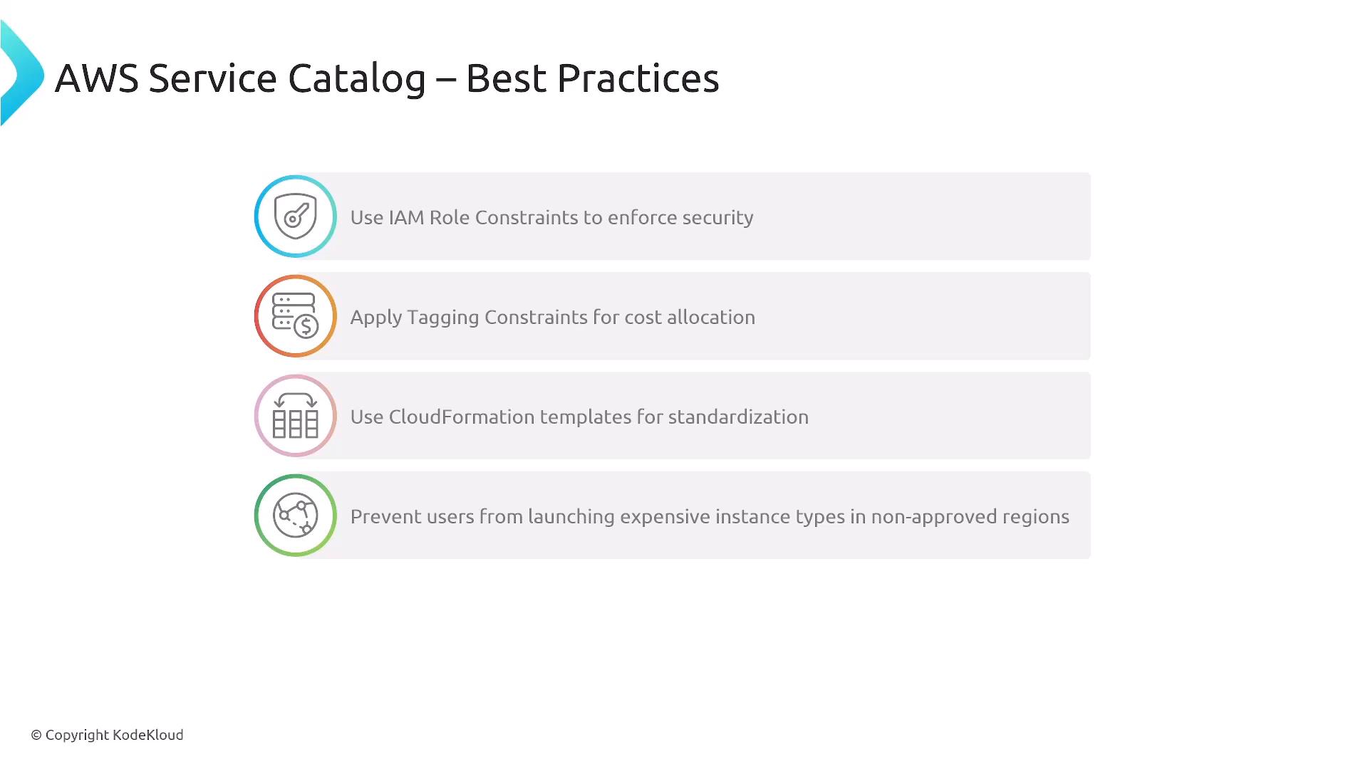 A presentation slide titled "AWS Service Catalog – Best Practices" showing four recommendations. It lists: use IAM role constraints, apply tagging constraints for cost allocation, use CloudFormation templates for standardization, and prevent launching expensive instance types in non‑approved regions.