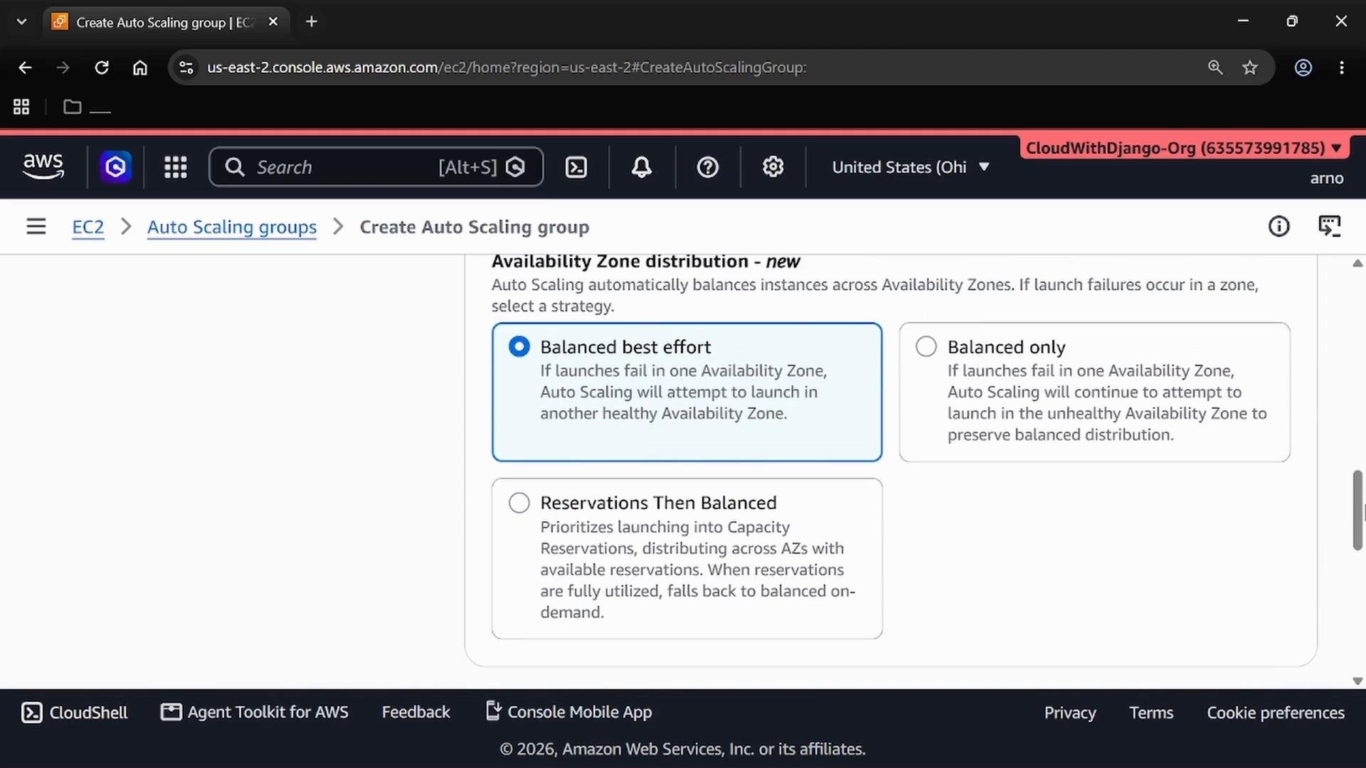 A screenshot of the AWS EC2 console on the "Create Auto Scaling group" page showing Availability Zone distribution options, with "Balanced best effort" selected.