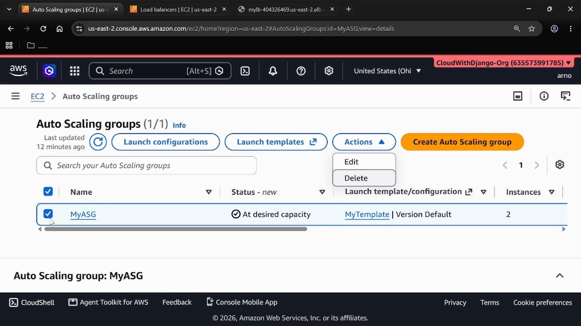 Screenshot of the AWS EC2 console Auto Scaling groups page. It shows one group named "MyASG" selected with status "At desired capacity" and buttons for launch configurations, templates, Actions, and "Create Auto Scaling group."
