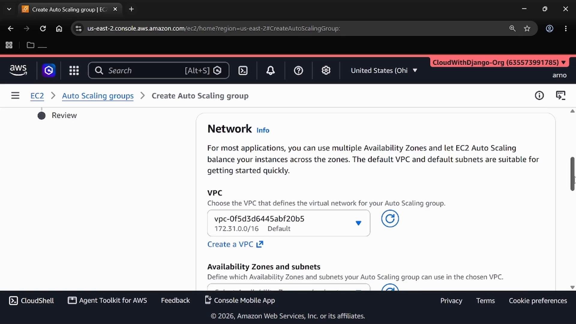 A screenshot of the AWS EC2 console on the "Create Auto Scaling group" page, showing the Network section with options for VPC, availability zones, and subnets. The VPC dropdown (172.31.0.0/16) and related configuration controls are visible.