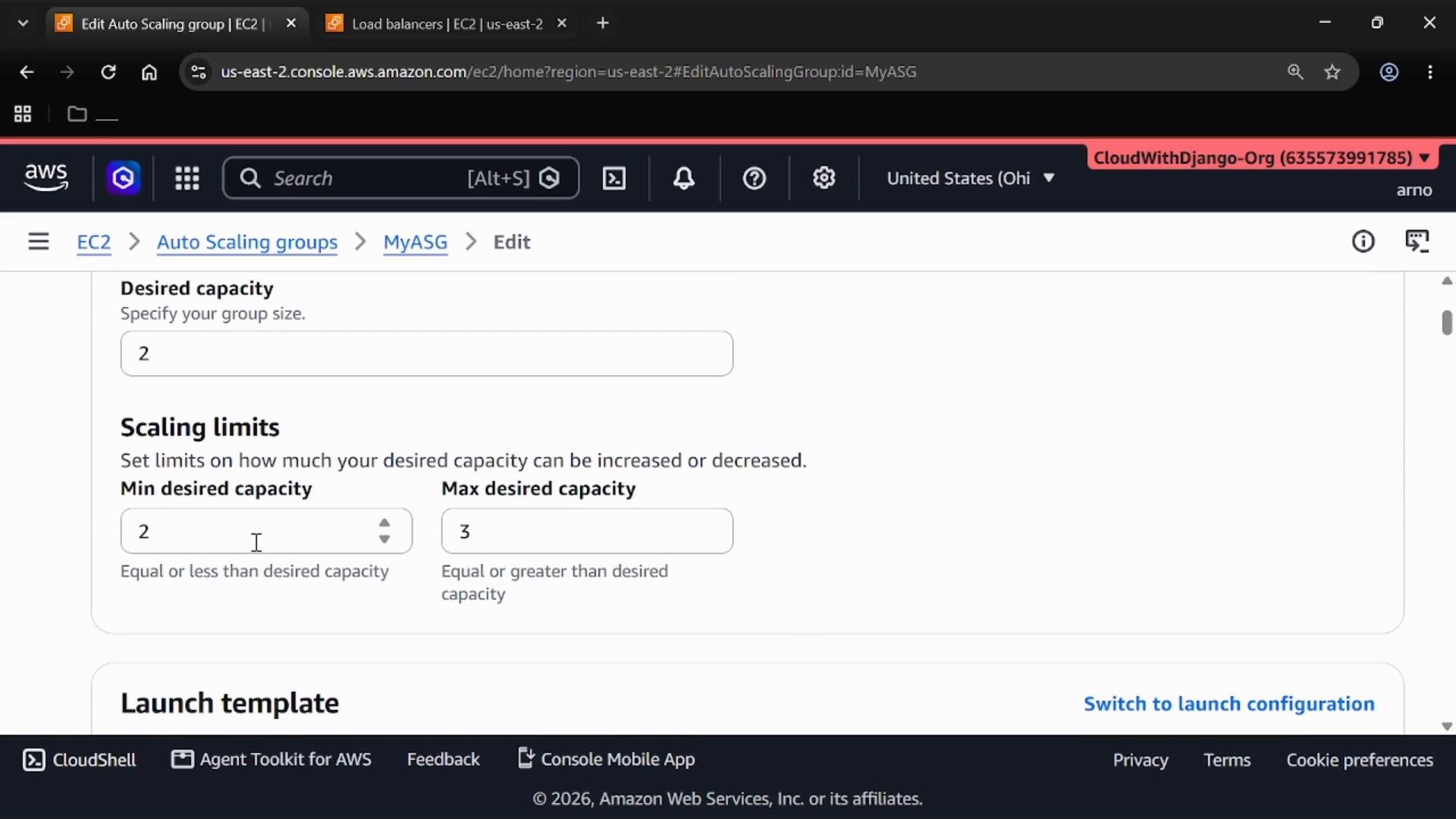 A screenshot of the AWS EC2 Auto Scaling groups edit page showing Desired capacity set to 2 and Scaling limits with Min desired capacity = 2 and Max desired capacity = 3. The AWS console header and part of the Launch template section are also visible.