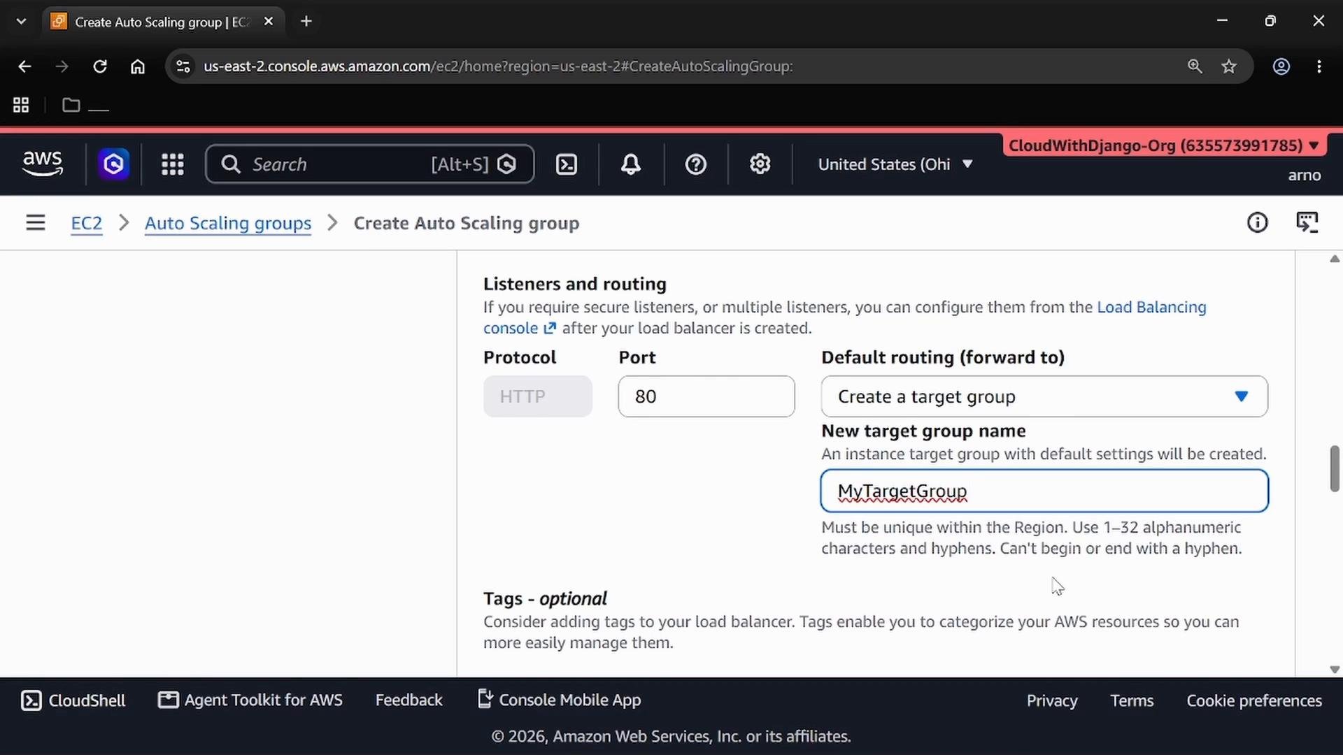 A screenshot of the AWS EC2 console on the "Create Auto Scaling group" page showing listener and routing settings. It shows an HTTP listener on port 80 and a new target group named "MyTargetGroup" being created.