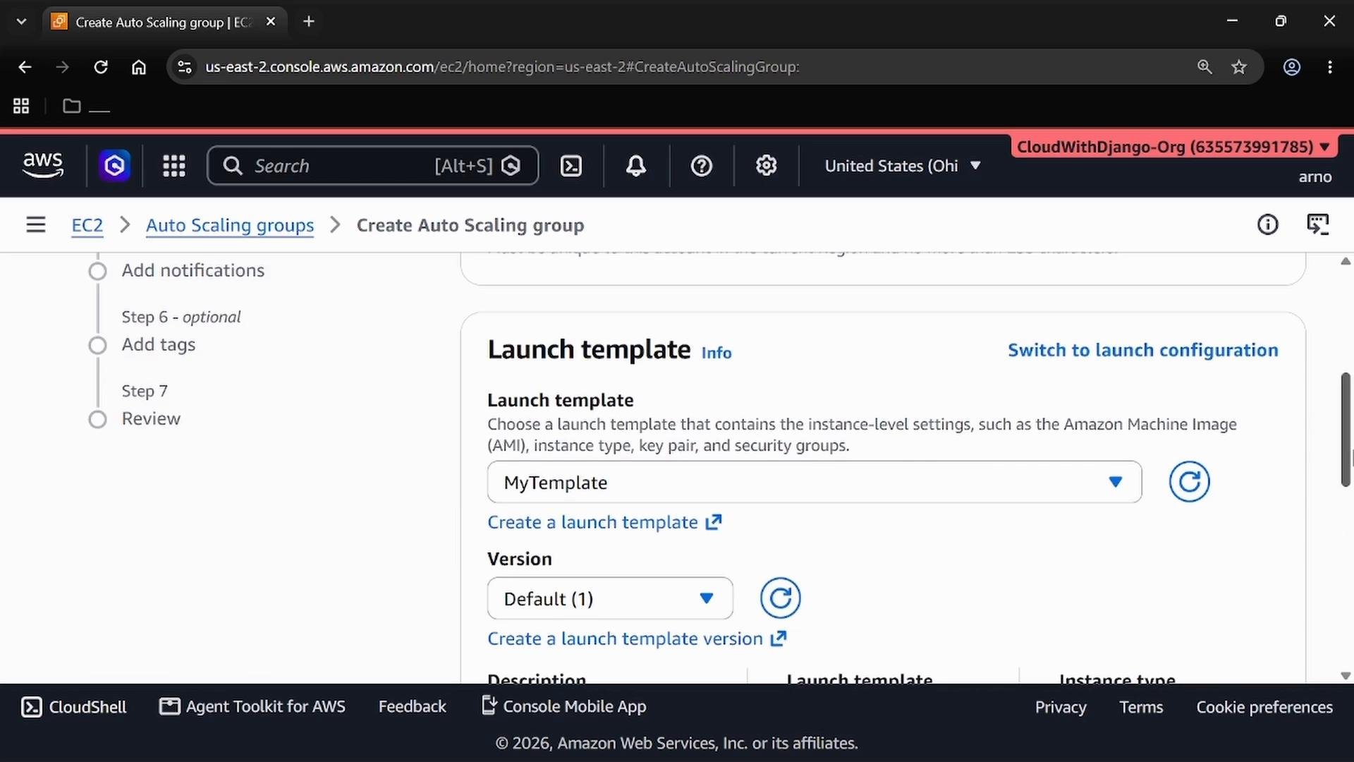 A screenshot of the AWS EC2 console on the "Create Auto Scaling group" page showing the Launch template section with "MyTemplate" selected. The left sidebar shows setup steps and the browser toolbar is visible at the top.