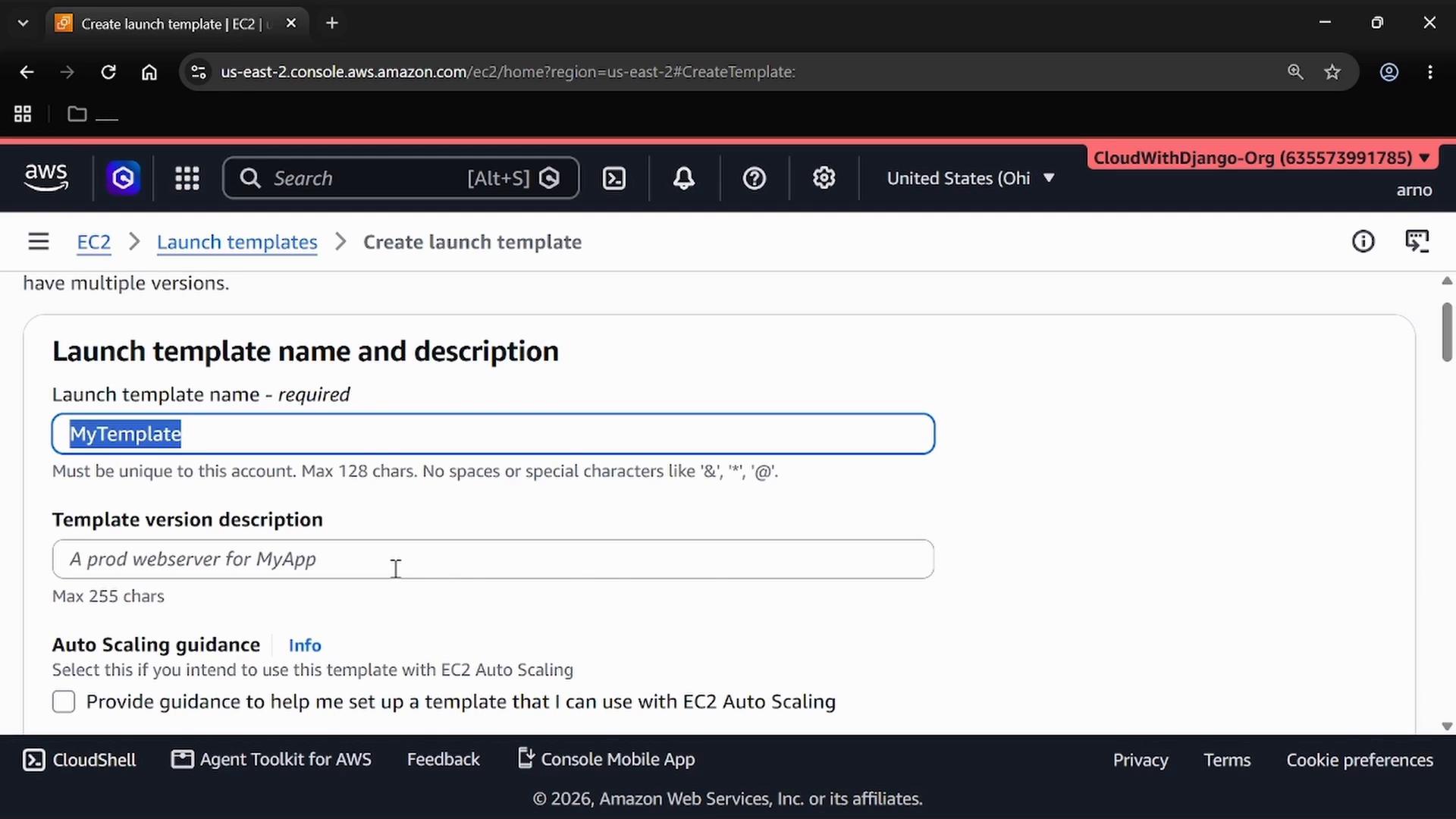A screenshot of the AWS EC2 console on the "Create launch template" page, showing the "Launch template name" field filled with "MyTemplate" and a "Template version description" field below. The browser UI and AWS navigation/header are visible at the top.