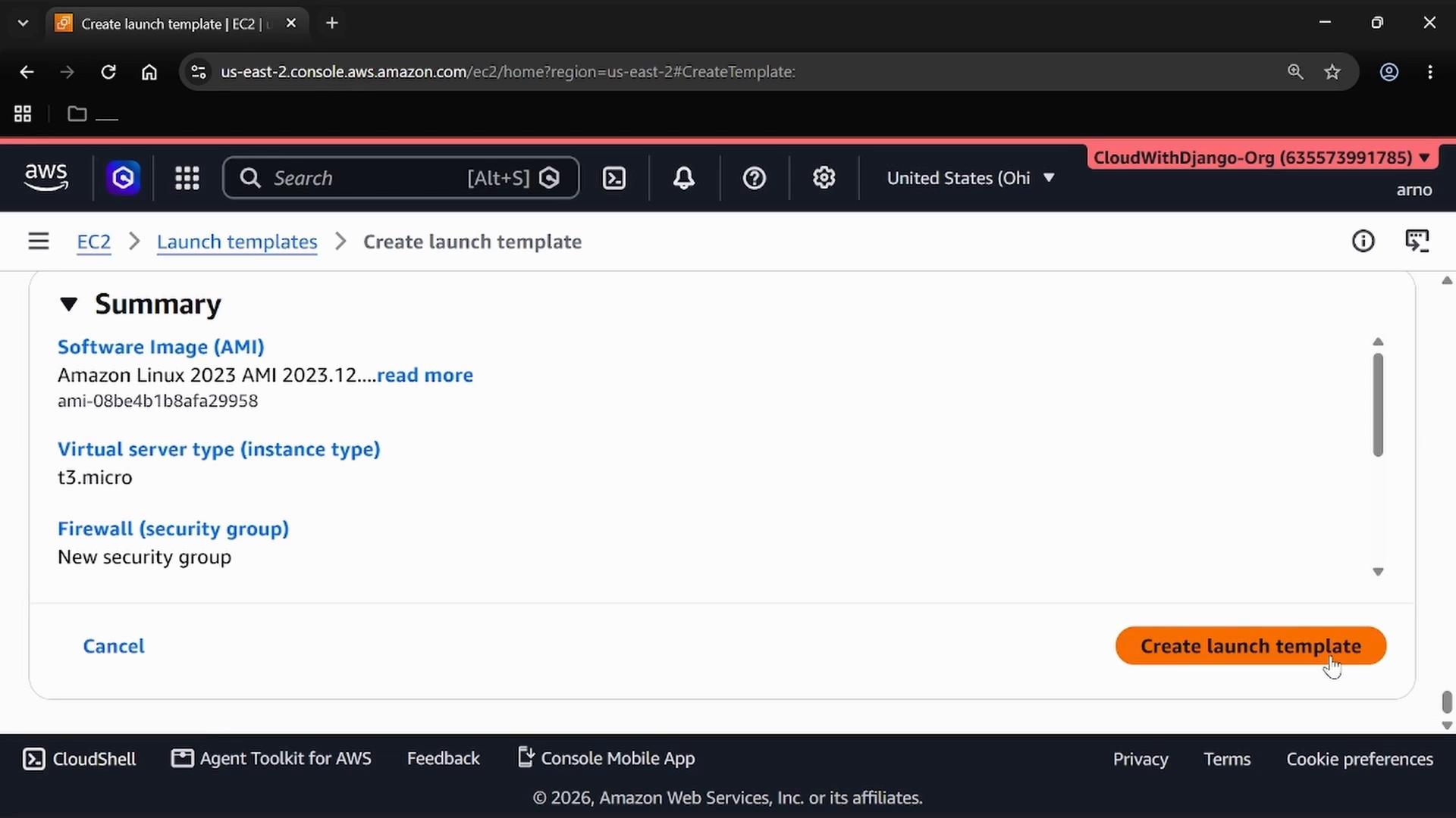 A screenshot of the AWS EC2 console on the "Create launch template" Summary page showing the selected AMI (Amazon Linux 2023), instance type t3.micro, and a new security group. An orange "Create launch template" button is visible at the bottom right.
