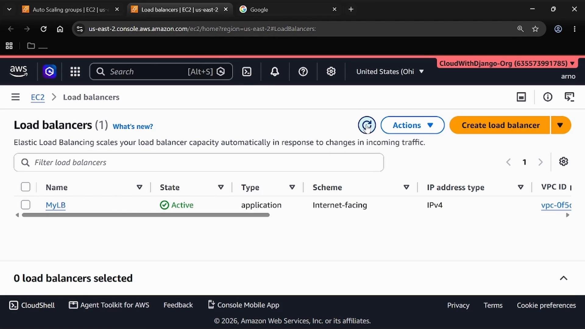 A screenshot of the AWS EC2 "Load balancers" console. It shows one load balancer named "MyLB" in Active state (application type, Internet-facing, IPv4) with a "Create load balancer" button.
