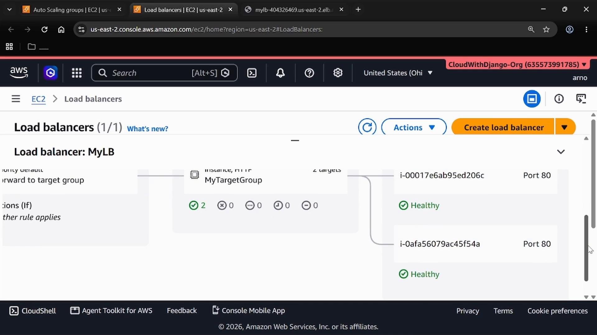 A screenshot of the AWS EC2 console showing the Load Balancers page for a load balancer named "MyLB," with a target group and two EC2 targets shown as healthy on port 80.