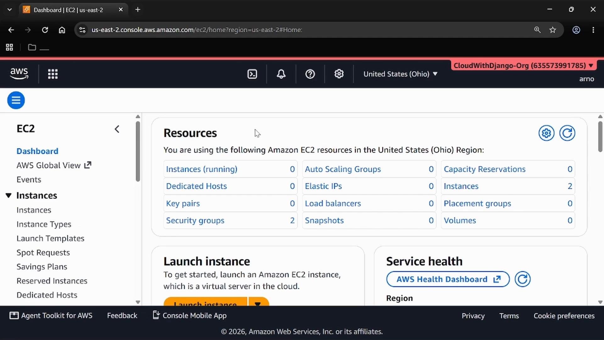 A screenshot of the Amazon Web Services EC2 dashboard in the US (Ohio) region, showing a Resources summary panel. The panel lists counts for items like Instances (2), Security groups (2), and other EC2 resources.