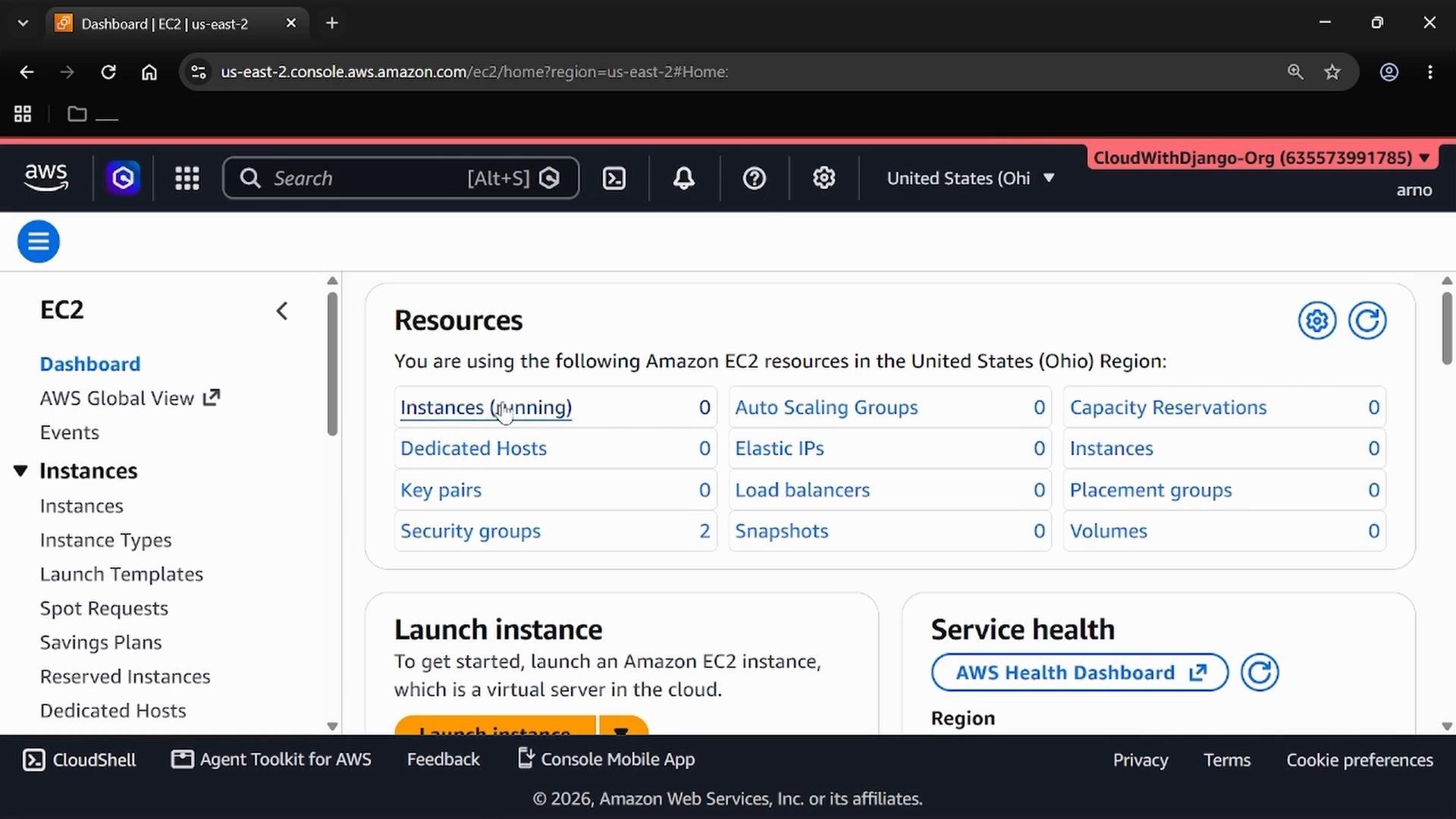A screenshot of the Amazon Web Services EC2 dashboard (US East — Ohio) showing the Resources panel with counts for Instances, Security groups, Elastic IPs, volumes and other EC2 resources. The left sidebar shows EC2 navigation items like Dashboard, Instances and Launch Templates.