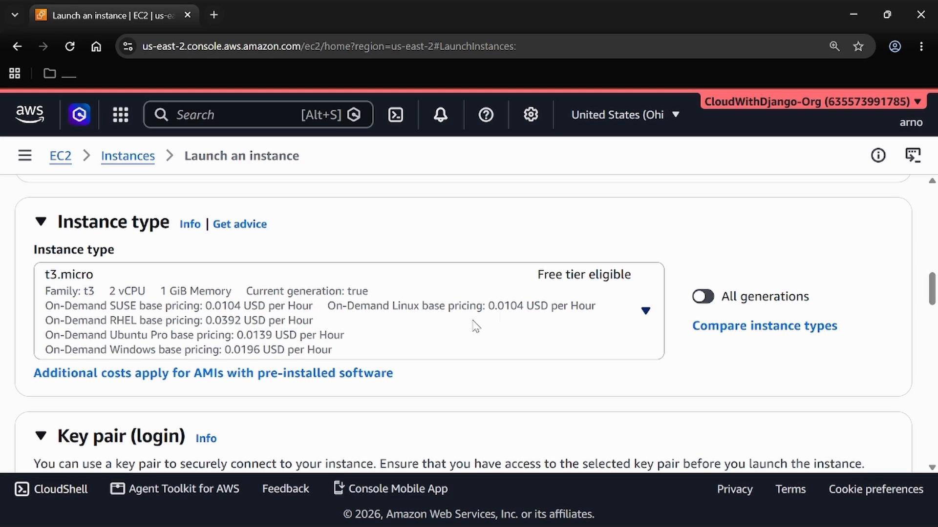 Screenshot of the AWS EC2 "Launch an instance" web console showing the Instance type section with a t3.micro selected and its pricing/details (marked free tier eligible).