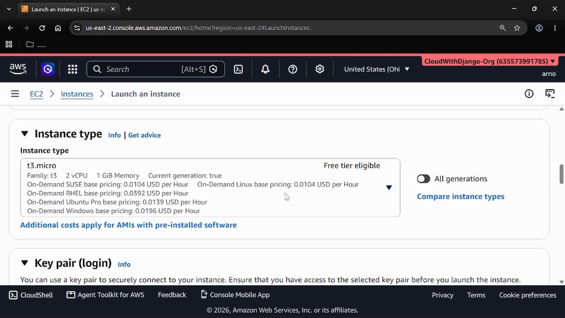 Screenshot of the AWS EC2 "Launch an instance" web console showing the Instance type section with a t3.micro selected and its pricing/details (marked free tier eligible).