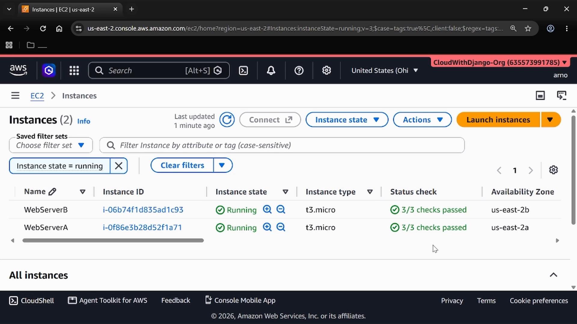 A screenshot of the AWS EC2 Instances console listing two running instances (WebServerB and WebServerA) filtered by "Instance state = running." Both are t3.micro instances with 3/3 status checks passed.