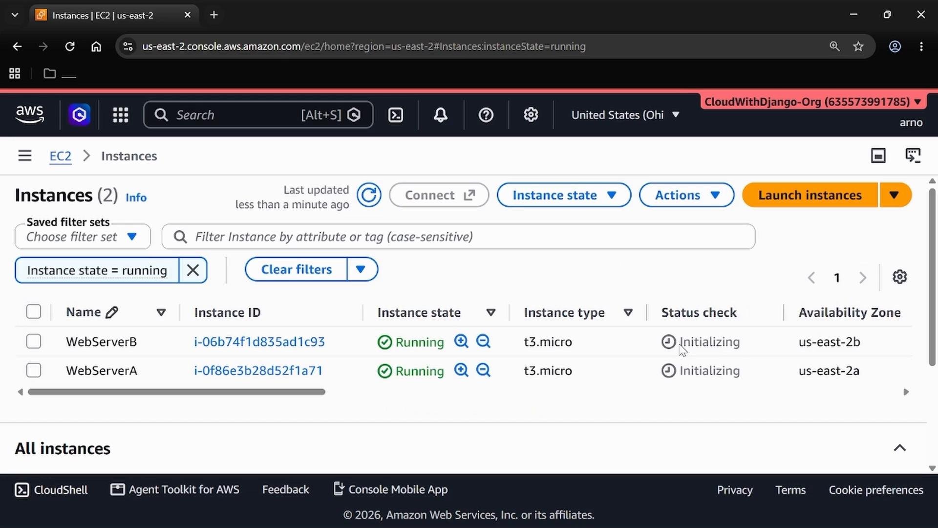 A screenshot of the AWS EC2 Instances console. It shows two running t3.micro instances (WebServerA and WebServerB) with status checks listed as "Initializing" in the us-east-2 region.