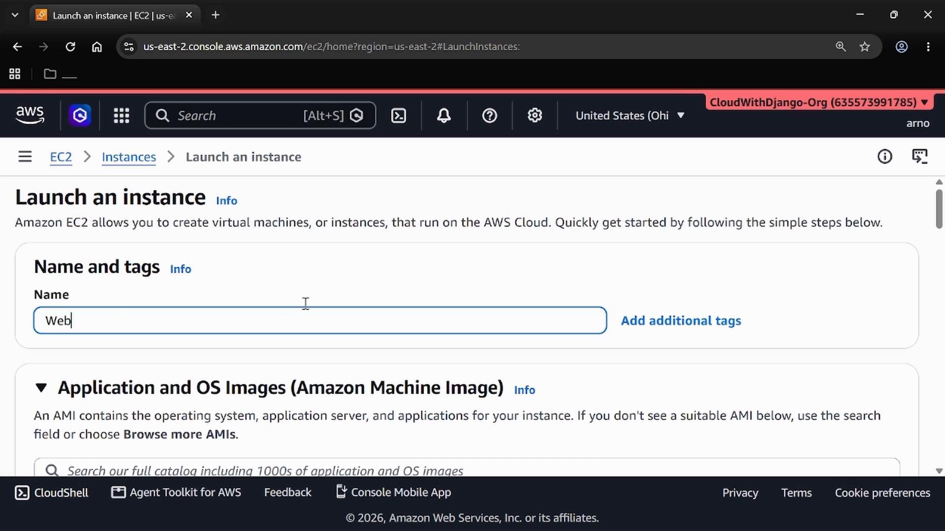A screenshot of the AWS EC2 "Launch an instance" console showing the "Name and tags" field with "Web" entered and the "Application and OS Images (Amazon Machine Image)" section below.