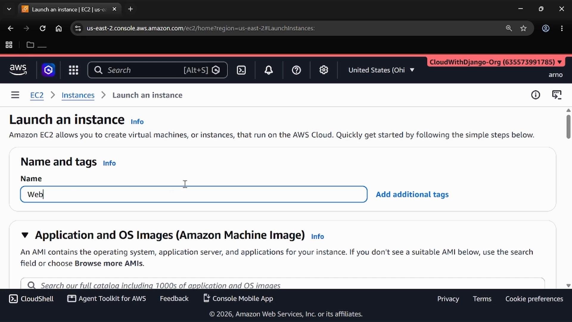 A screenshot of the AWS EC2 "Launch an instance" console showing the "Name and tags" field with "Web" entered and the "Application and OS Images (Amazon Machine Image)" section below.