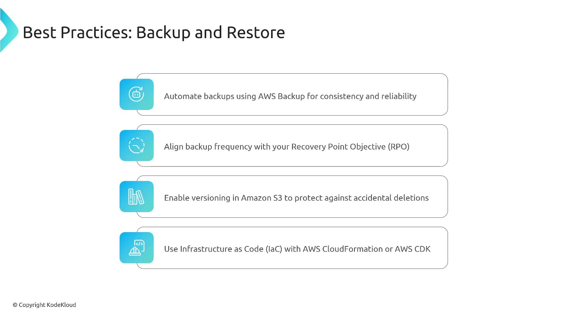A presentation slide titled "Best Practices: Backup and Restore" listing recommendations like automating backups with AWS Backup, aligning backup frequency with RPO, enabling Amazon S3 versioning, and using Infrastructure as Code (CloudFormation/CDK). The slide includes rounded boxes and blue icons next to each recommendation.