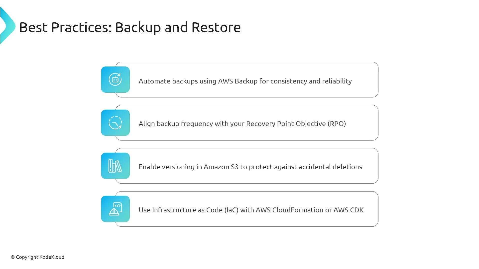 A presentation slide titled "Best Practices: Backup and Restore" listing recommendations like automating backups with AWS Backup, aligning backup frequency with RPO, enabling Amazon S3 versioning, and using Infrastructure as Code (CloudFormation/CDK). The slide includes rounded boxes and blue icons next to each recommendation.