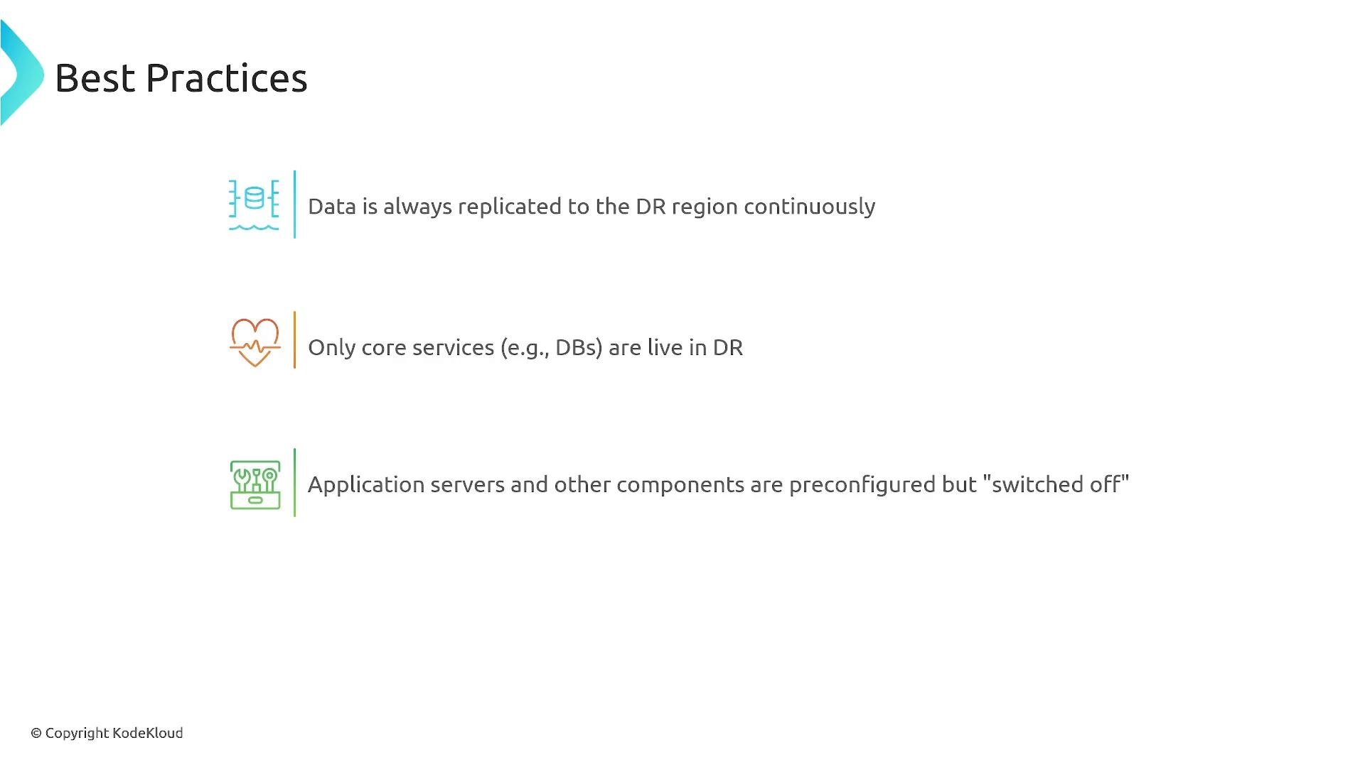 A presentation slide titled "Best Practices" showing three disaster-recovery rules. It notes continuous data replication to the DR region, only core services (e.g., DBs) are live in DR, and application servers are preconfigured but "switched off."