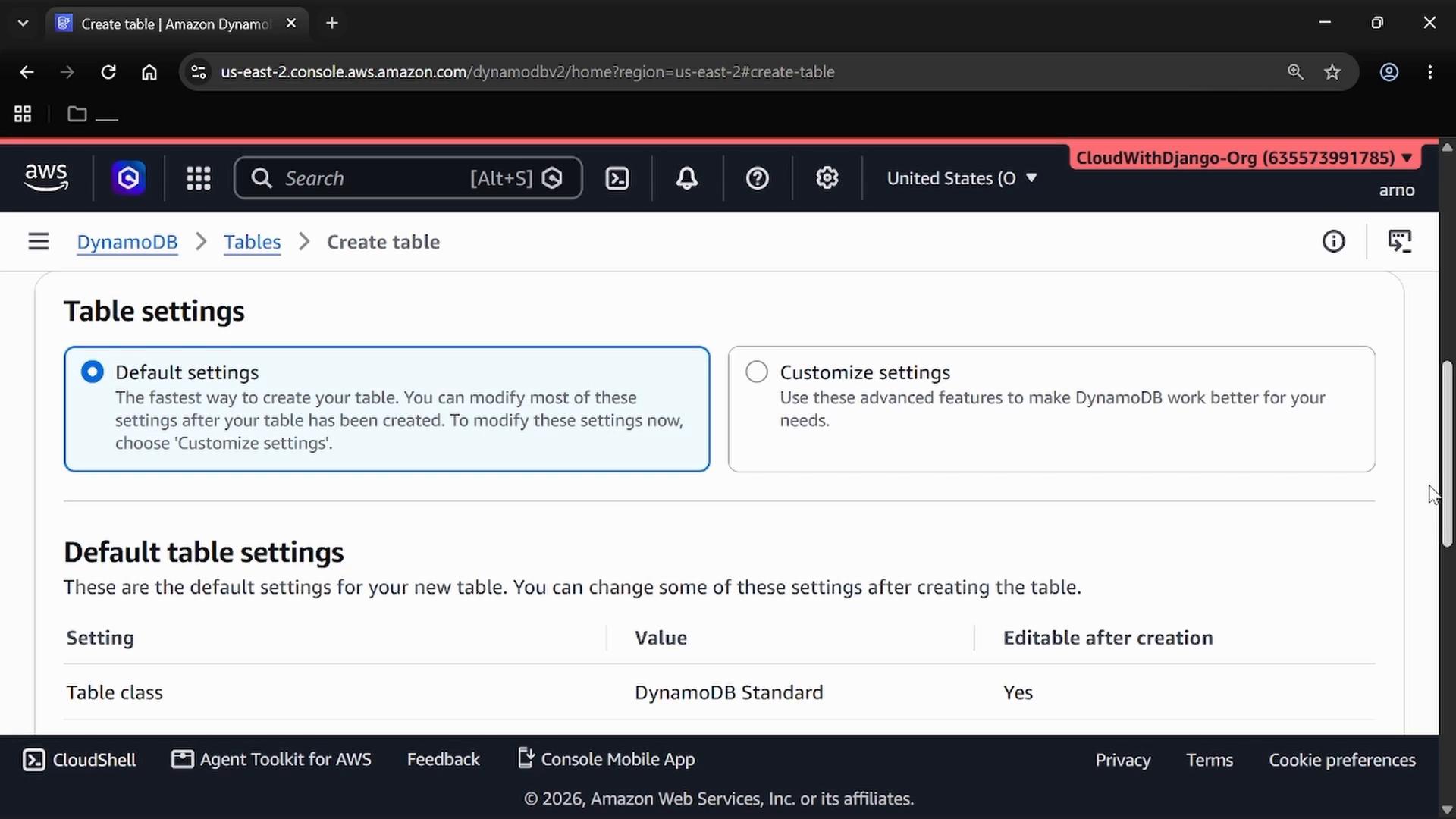 A screenshot of the AWS Management Console showing the DynamoDB "Create table" page, with the Table settings panel highlighting "Default settings" and an option to "Customize settings." The lower part shows "Default table settings" details like table class and editable options.