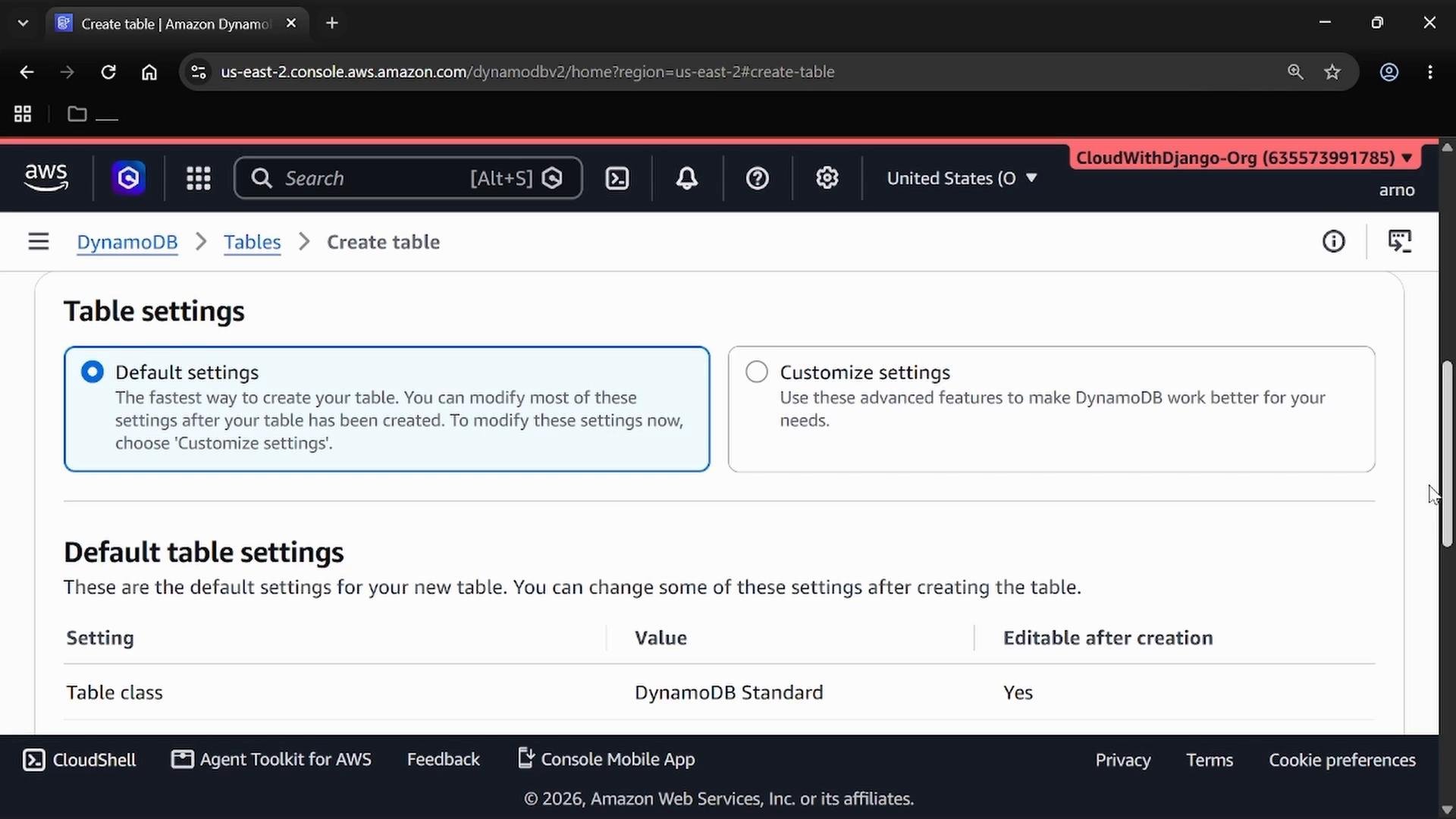 A screenshot of the AWS Management Console showing the DynamoDB "Create table" page, with the Table settings panel highlighting "Default settings" and an option to "Customize settings." The lower part shows "Default table settings" details like table class and editable options.
