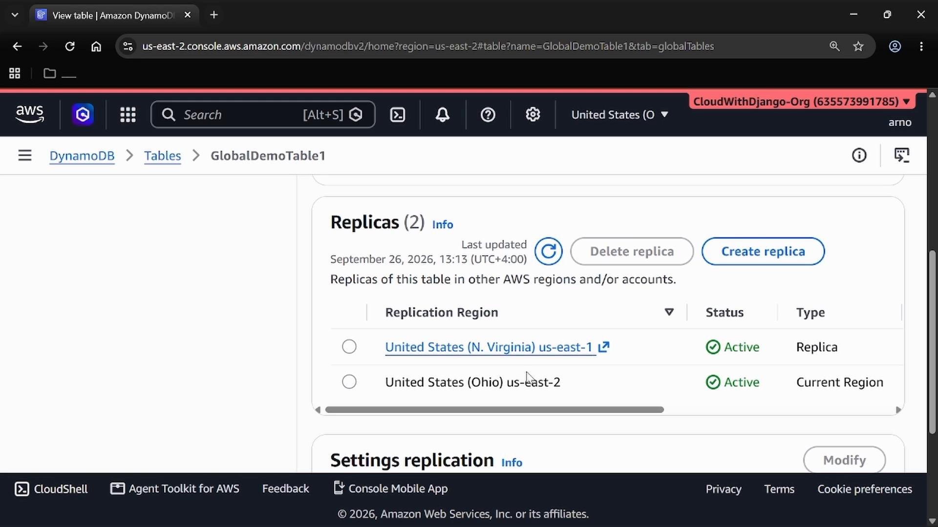 A screenshot of the AWS DynamoDB console for the table "GlobalDemoTable1." It shows the Replicas section listing US regions (N. Virginia us-east-1 and Ohio us-east-2) with Active statuses.