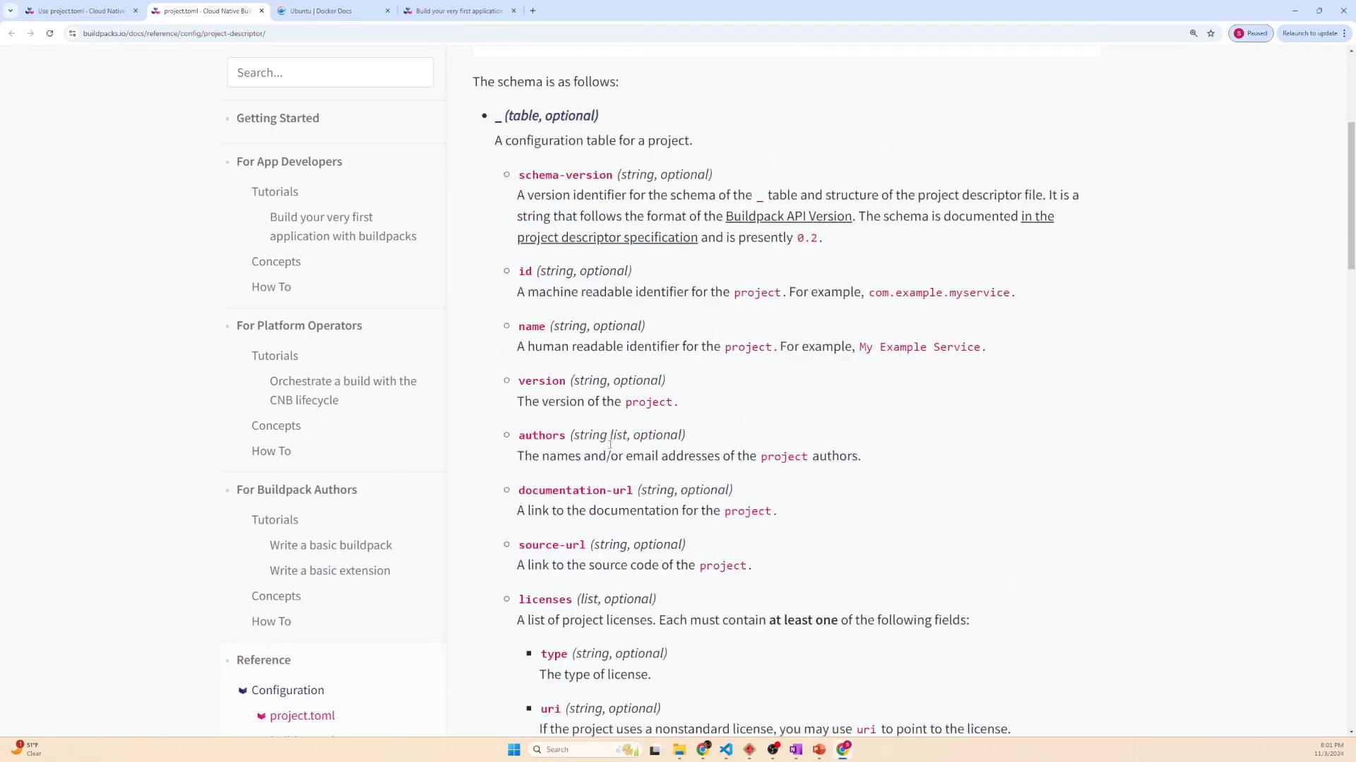 A screenshot of a technical documentation webpage showing the "project descriptor" schema, with a left navigation menu and a detailed list of project fields (id, name, version, authors, etc.) on the right. The browser window shows multiple open tabs and a Windows taskbar at the bottom.