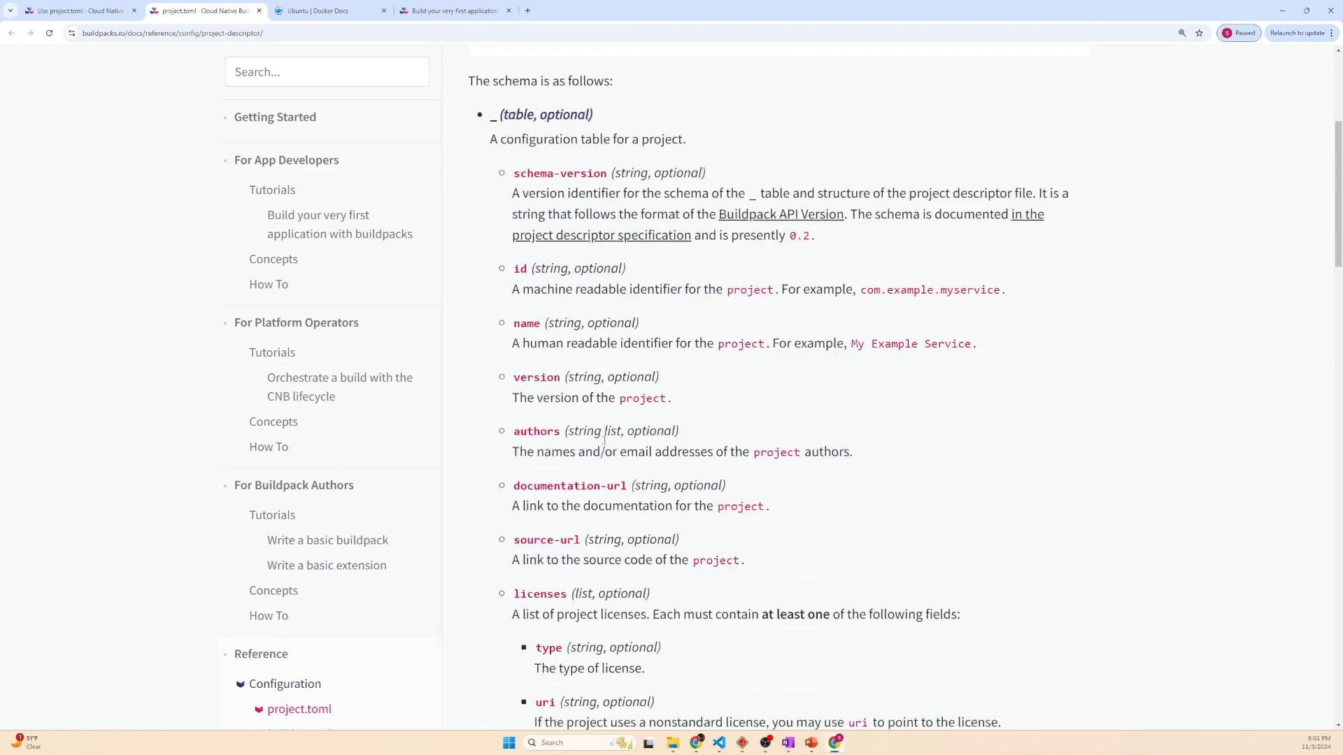 A screenshot of a technical documentation webpage showing the "project descriptor" schema, with a left navigation menu and a detailed list of project fields (id, name, version, authors, etc.) on the right. The browser window shows multiple open tabs and a Windows taskbar at the bottom.
