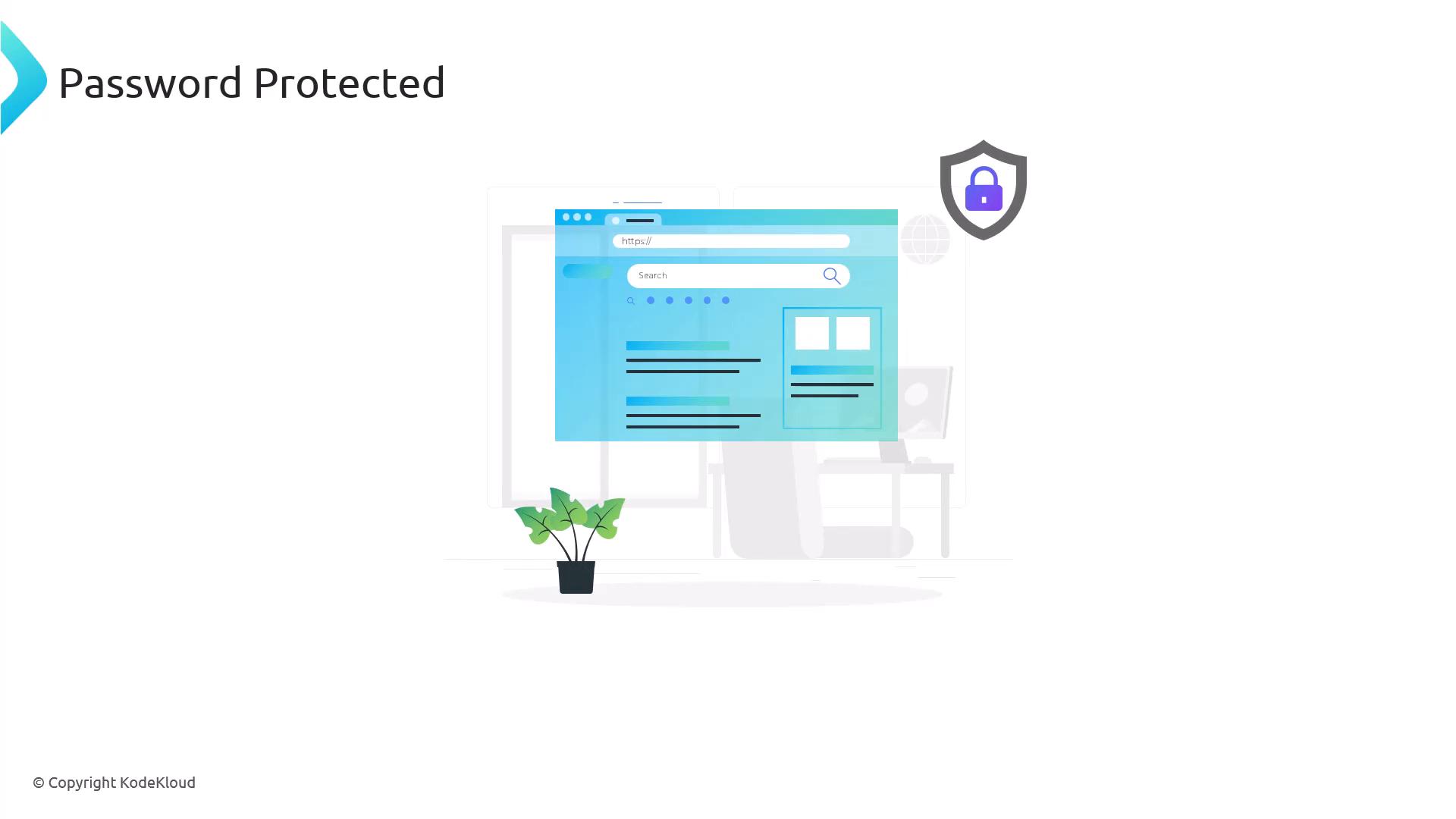 A minimalist illustration of a password-protected webpage: a translucent browser window with an address/search bar and a shield bearing a padlock, set over a faint office background and a small potted plant.