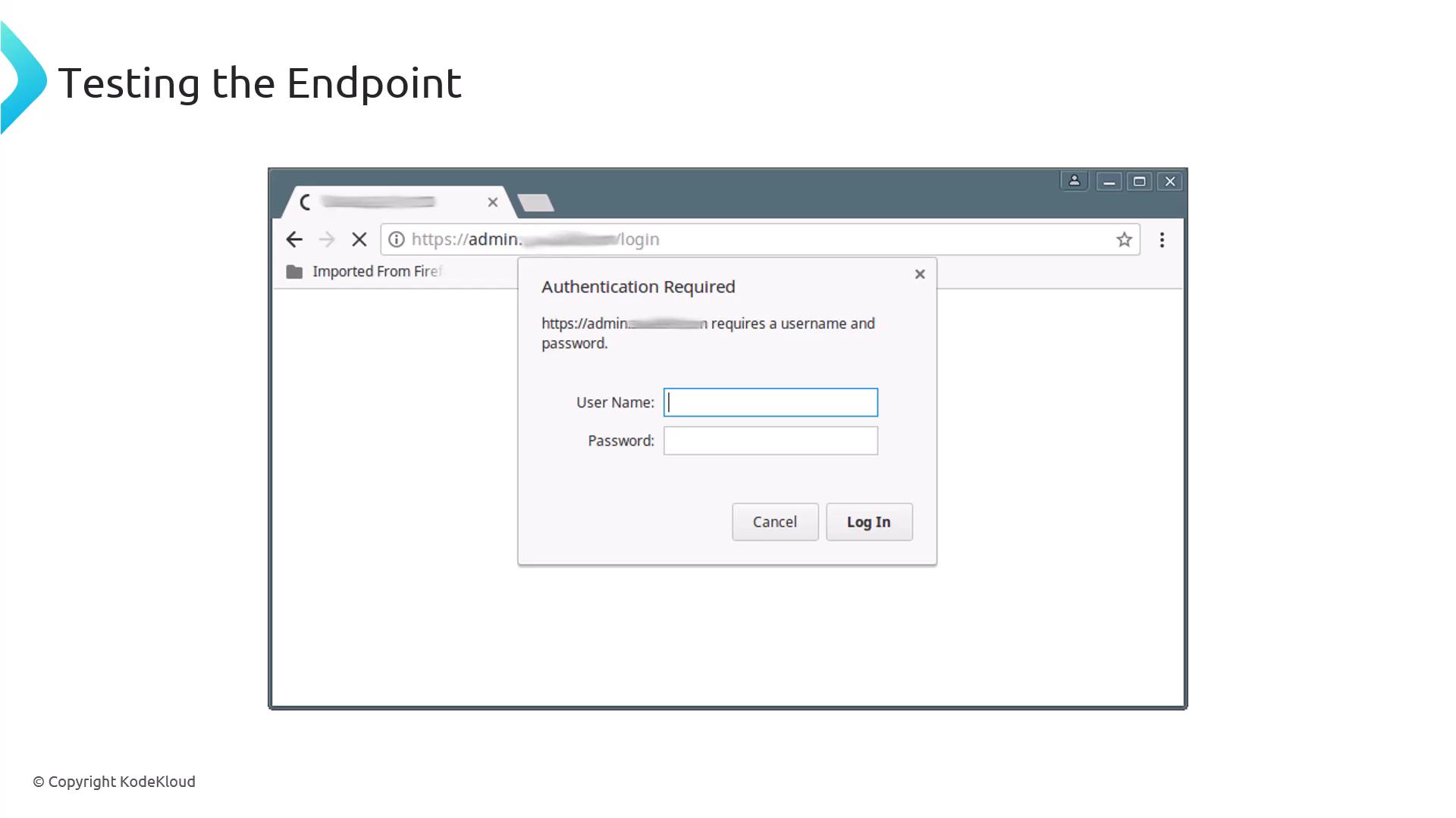 A browser screenshot showing an "Authentication Required" dialog prompting for a username and password to access an https admin login. The slide is titled "Testing the Endpoint."
