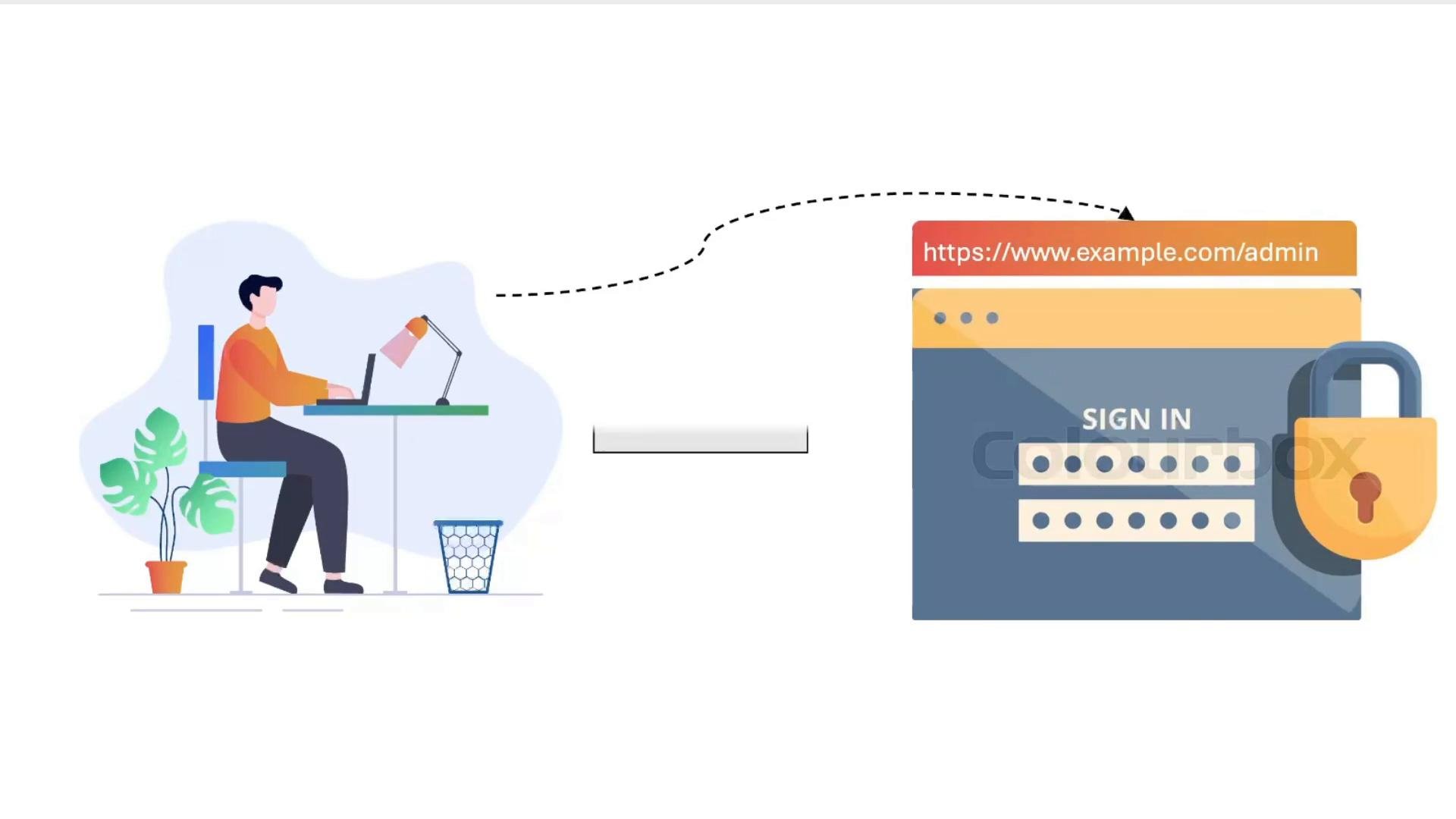 A person sits at a desk using a laptop with a dotted arrow pointing to a web admin sign-in page showing password fields and a padlock. The illustration represents logging into or securing an admin portal.