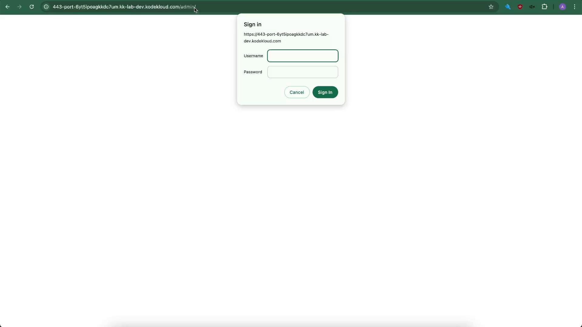 A web browser window displaying a small "Sign in" dialog near the top center with fields for Username and Password and Cancel/Sign In buttons. The rest of the page is mostly blank white, with a URL visible in the address bar.