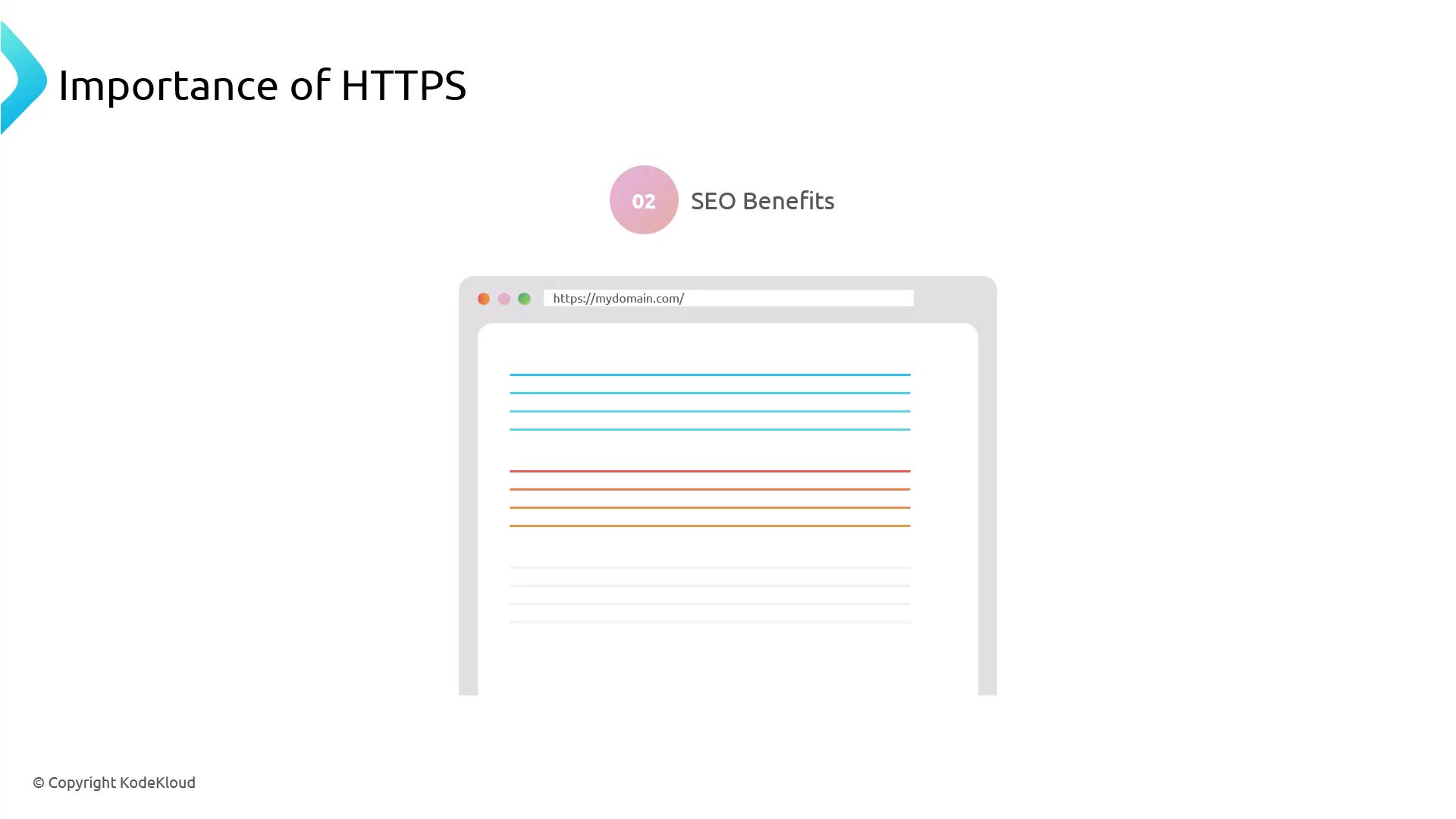A presentation slide titled "Importance of HTTPS" with a "02 SEO Benefits" heading. It shows a stylized browser window displaying the URL "https://mydomain.com/" and colored lines representing webpage content.