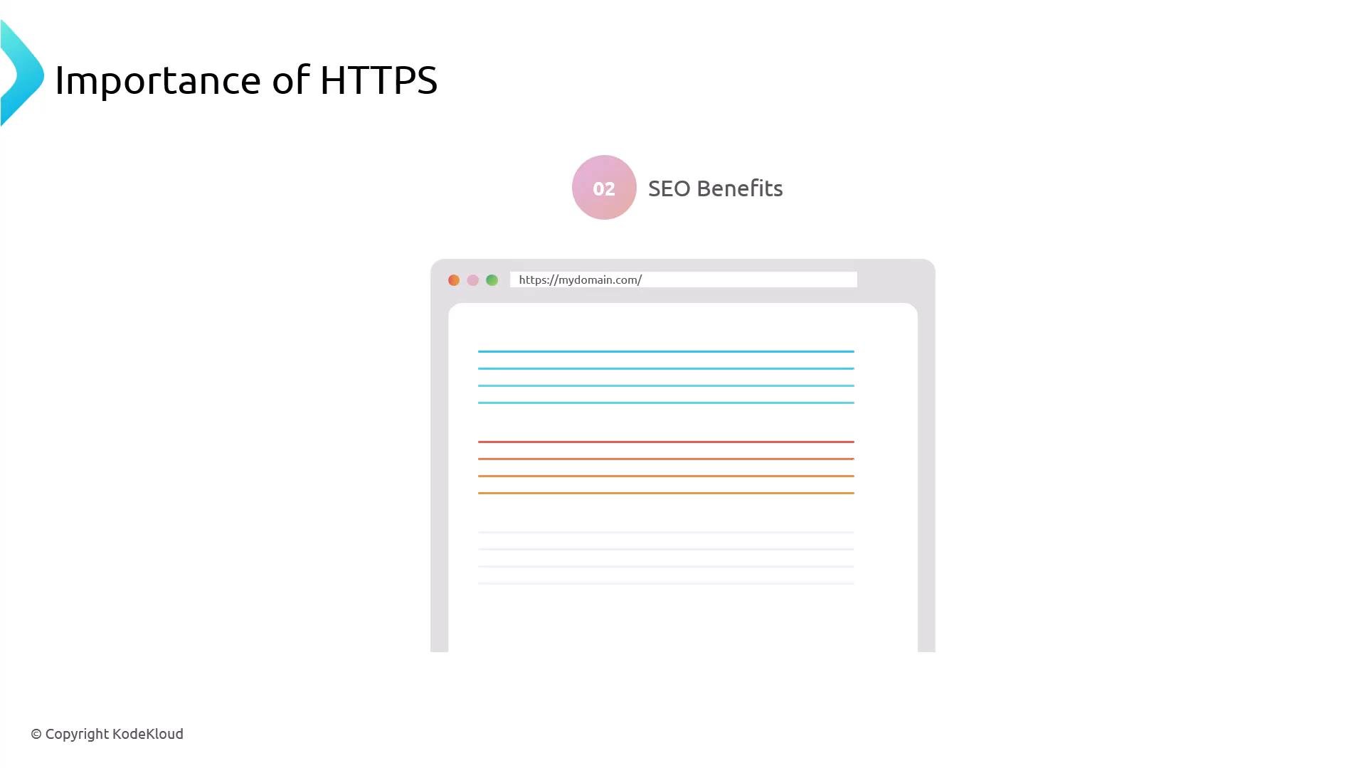 A presentation slide titled "Importance of HTTPS" with a "02 SEO Benefits" heading. It shows a stylized browser window displaying the URL "https://mydomain.com/" and colored lines representing webpage content.