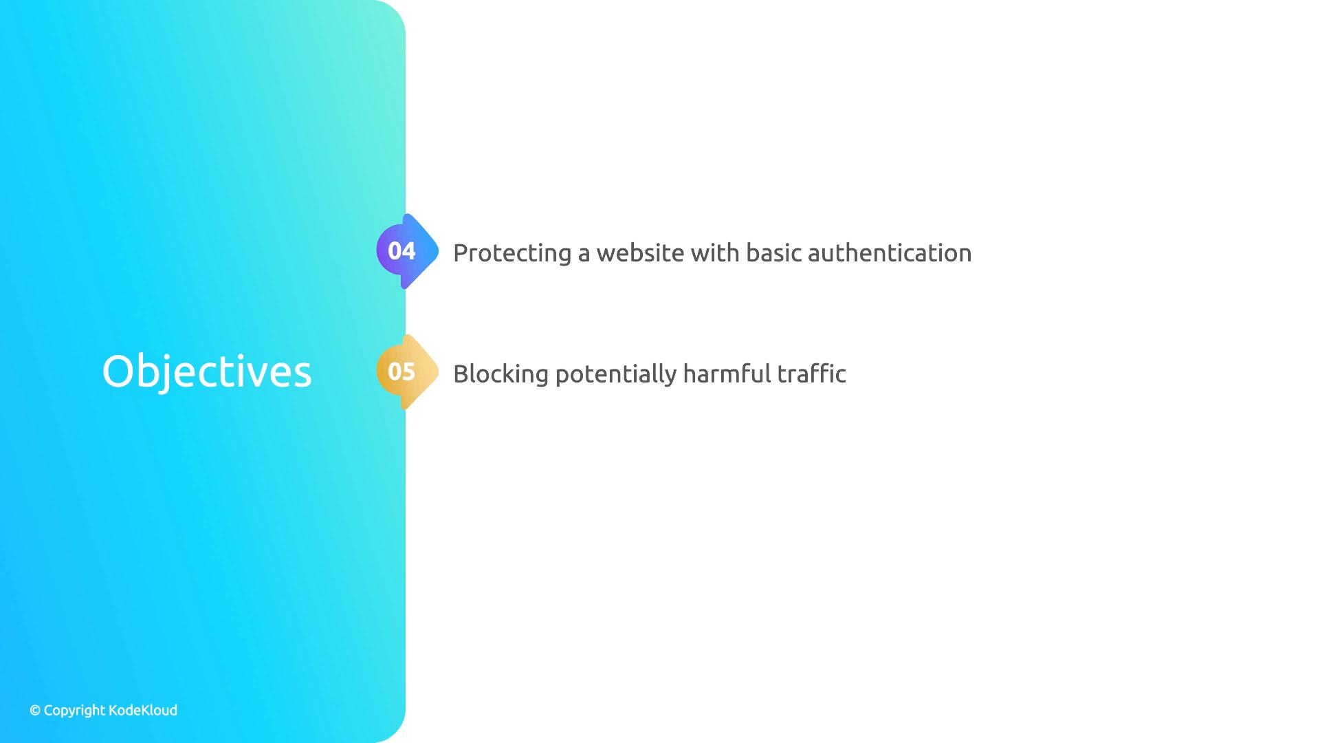 A presentation slide titled "Objectives" with a blue gradient left panel listing two items: "04 Protecting a website with basic authentication" and "05 Blocking potentially harmful traffic." The slide also shows a small © Copyright KodeKloud note.