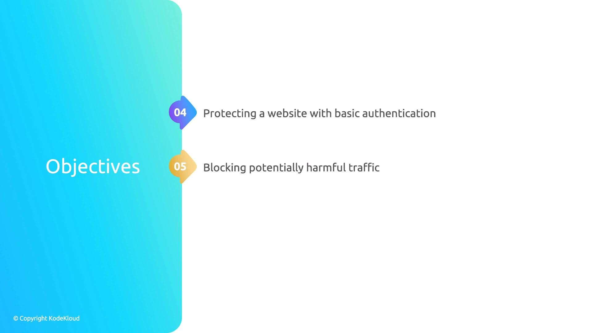 A presentation slide titled "Objectives" with a blue gradient left panel listing two items: "04 Protecting a website with basic authentication" and "05 Blocking potentially harmful traffic." The slide also shows a small © Copyright KodeKloud note.