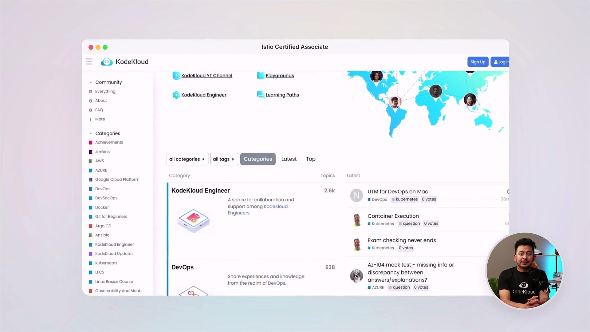 The image shows a screenshot of a KodeKloud platform interface displaying community and category sections alongside a map with user avatars. There's also an inset of a person speaking at the bottom right.