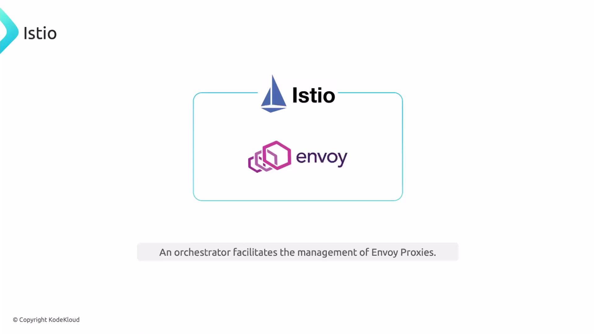 The image shows logos of Istio and Envoy, with a note stating that an orchestrator facilitates the management of Envoy Proxies.