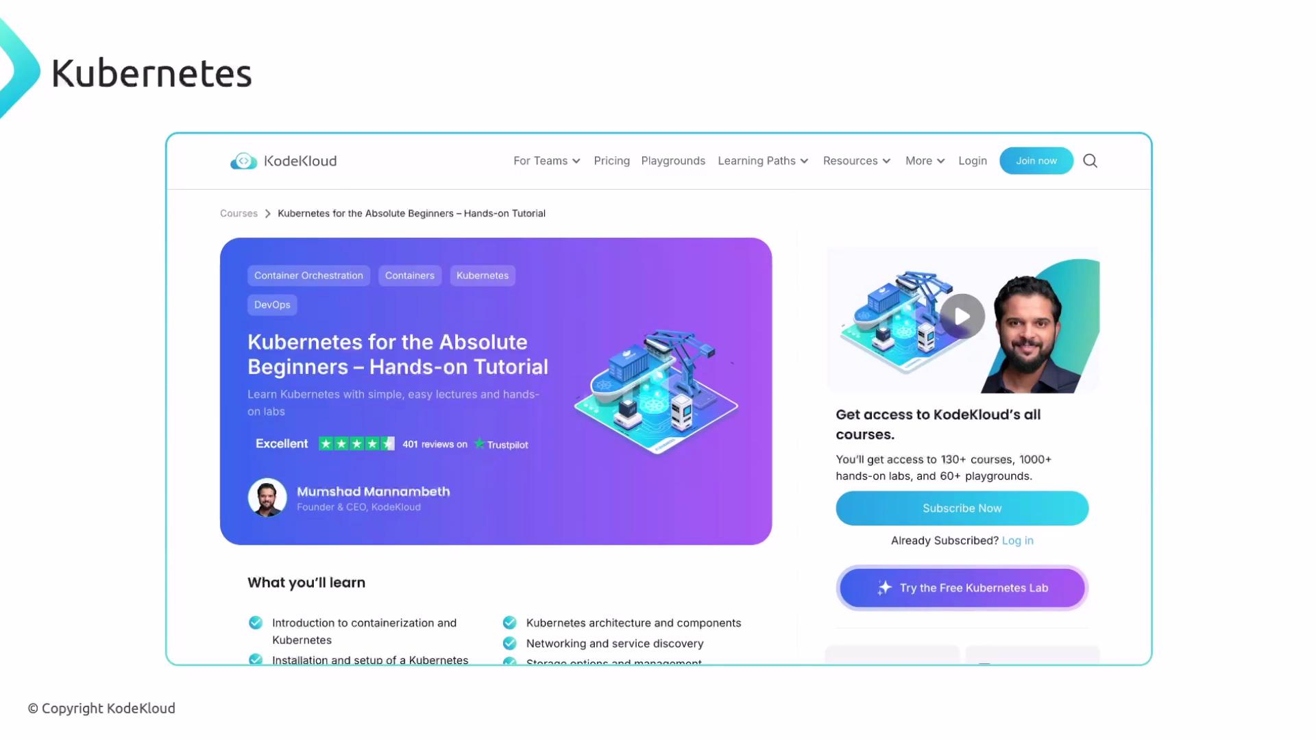 The image is a webpage from KodeKloud offering a "Kubernetes for the Absolute Beginners" online course, featuring a description, ratings, and an option to subscribe or try a free lab.