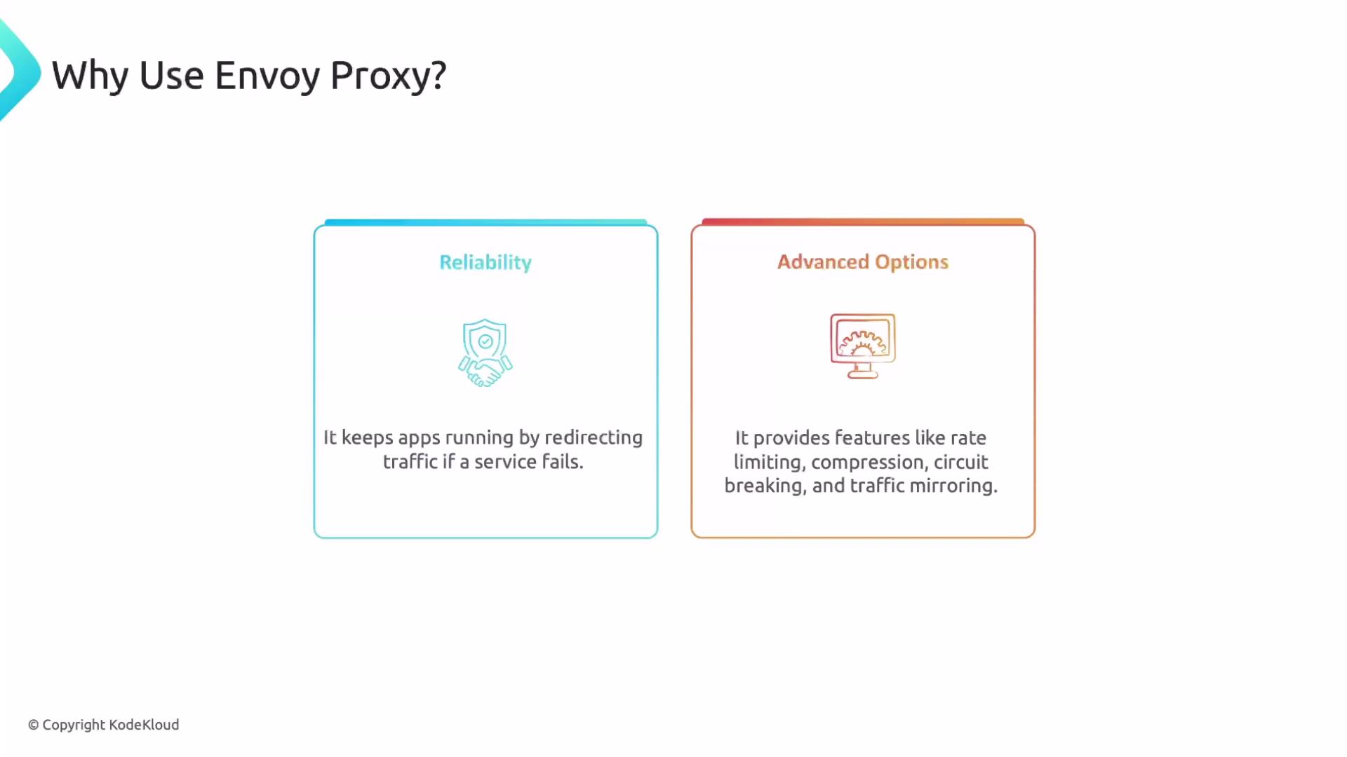 The image explains why to use Envoy Proxy, highlighting its reliability in redirecting traffic when services fail, and its advanced features like rate limiting and traffic mirroring.