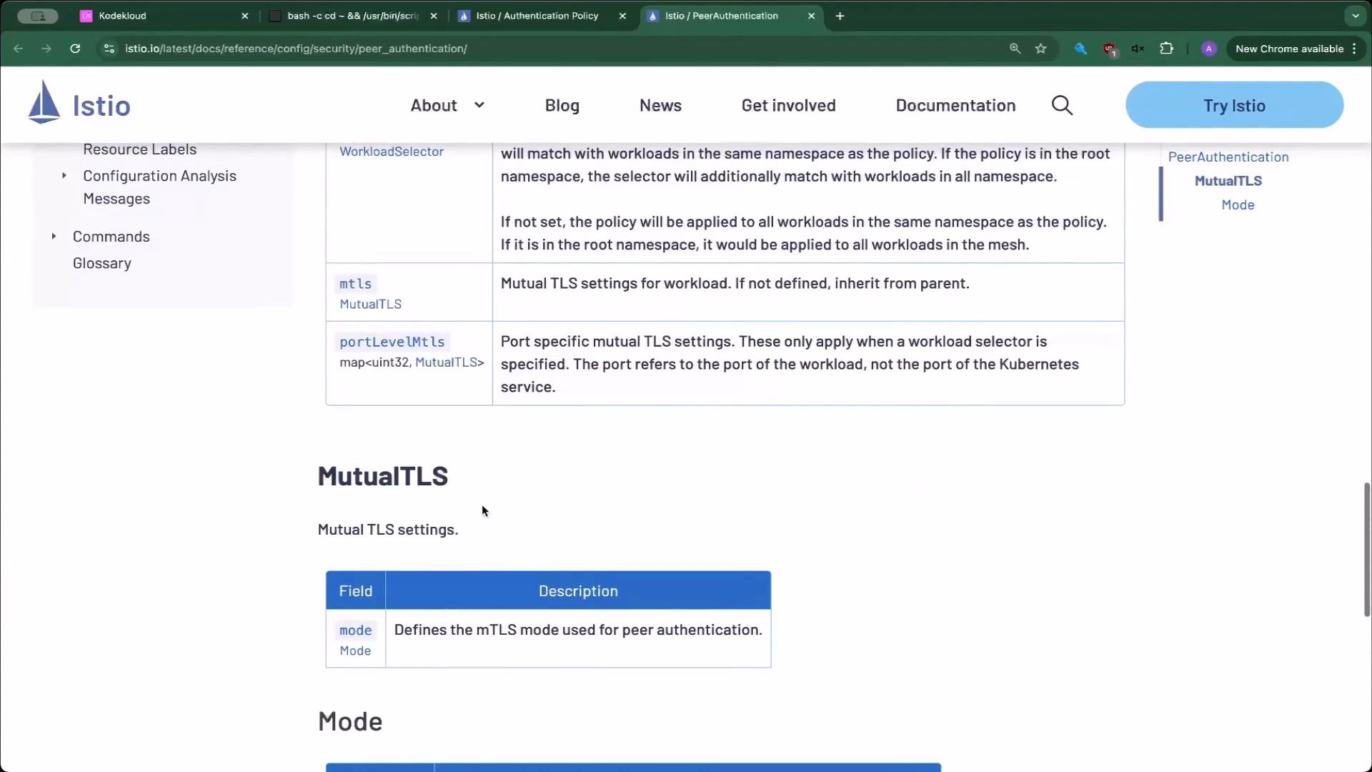 The image shows a webpage from Istio's documentation about Peer Authentication, specifically focusing on MutualTLS settings.