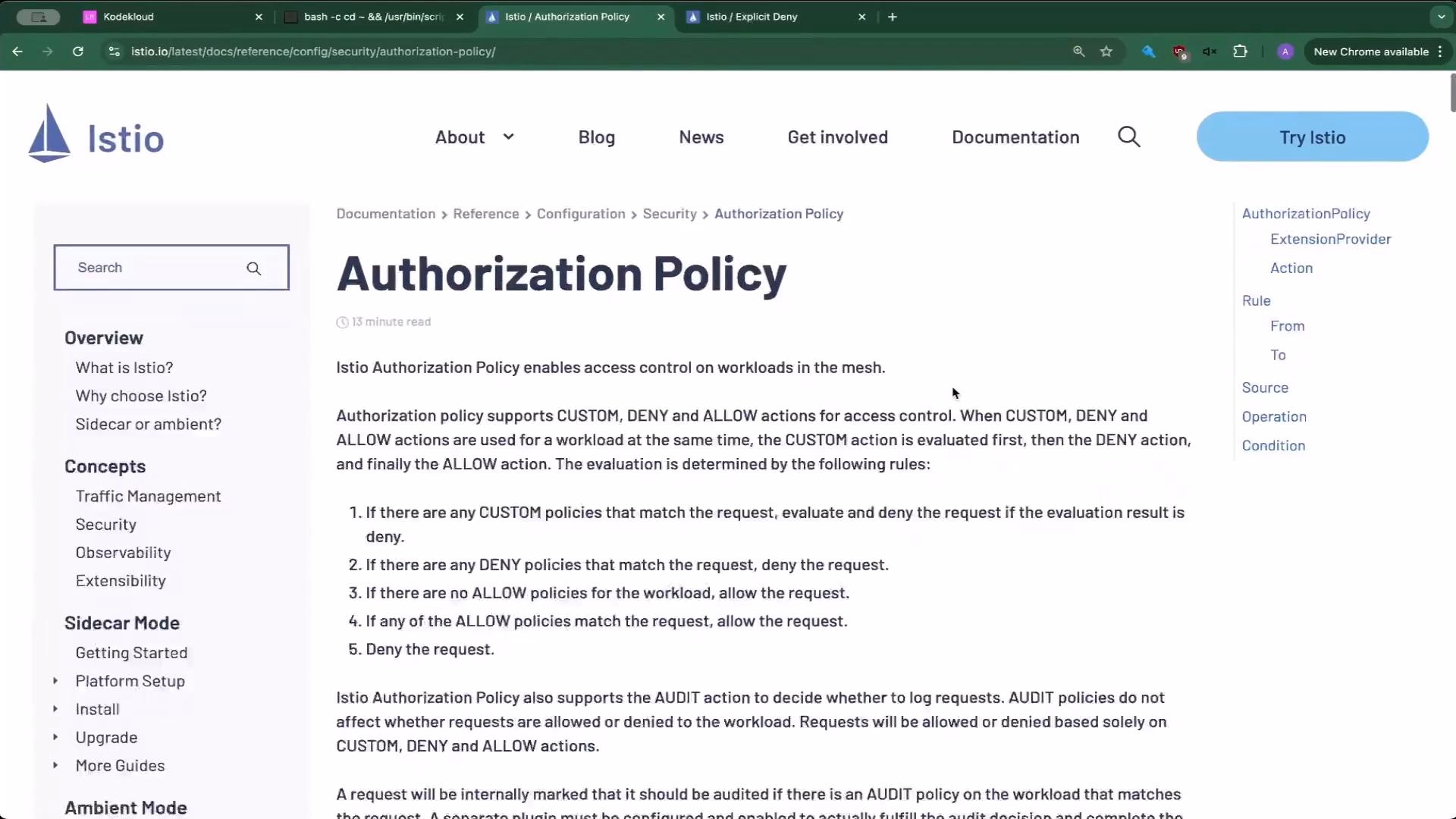 The image shows a webpage from Istio's documentation discussing the "Authorization Policy," which involves access control on workloads in the mesh. It outlines the use of CUSTOM, DENY, and ALLOW actions for access control.