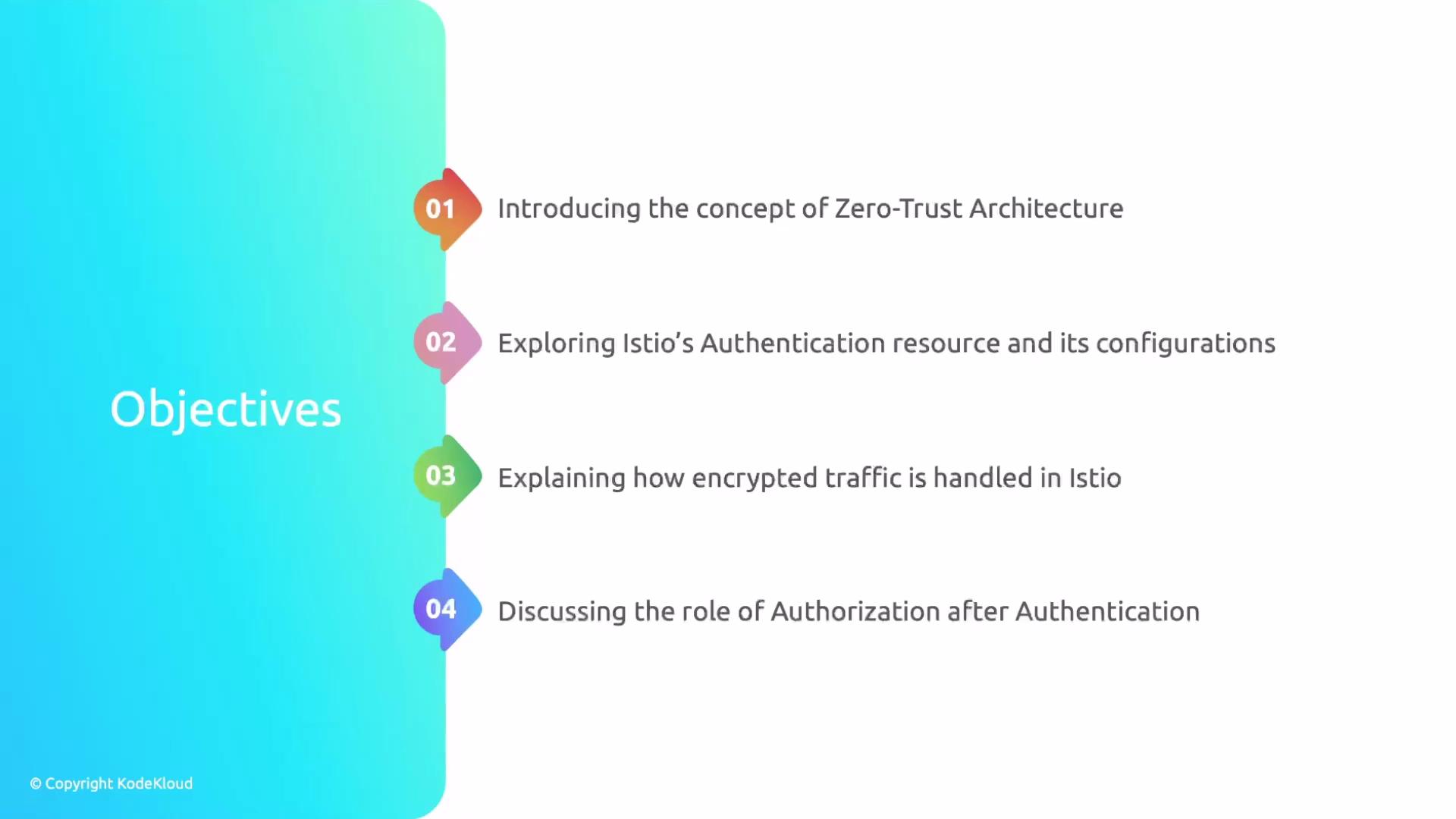The image lists four objectives related to Istio: introducing Zero-Trust Architecture, exploring authentication resources, explaining encrypted traffic handling, and discussing authorization after authentication.