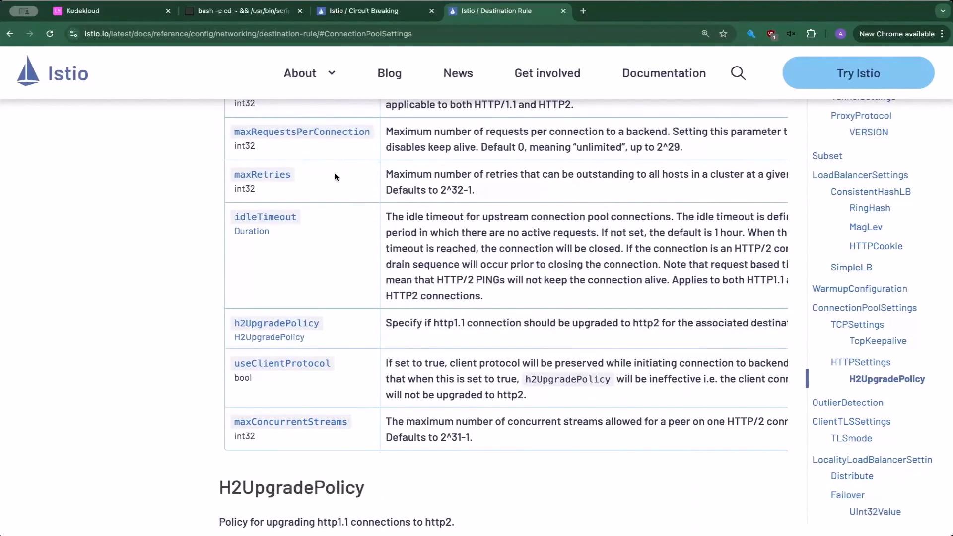 The image shows a webpage from Istio's documentation, specifically detailing configuration options for networking such as maxRequestsPerConnection and idleTimeout. It includes sections on HTTP/2 upgrade policy and connection settings.