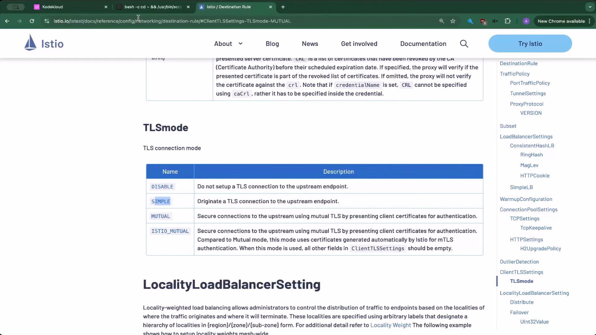 The image shows a webpage from Istio documentation detailing the TLS connection modes, with a table outlining different modes such as DISABLE, SIMPLE, MUTUAL, and ISTIO_MUTUAL alongside their descriptions.