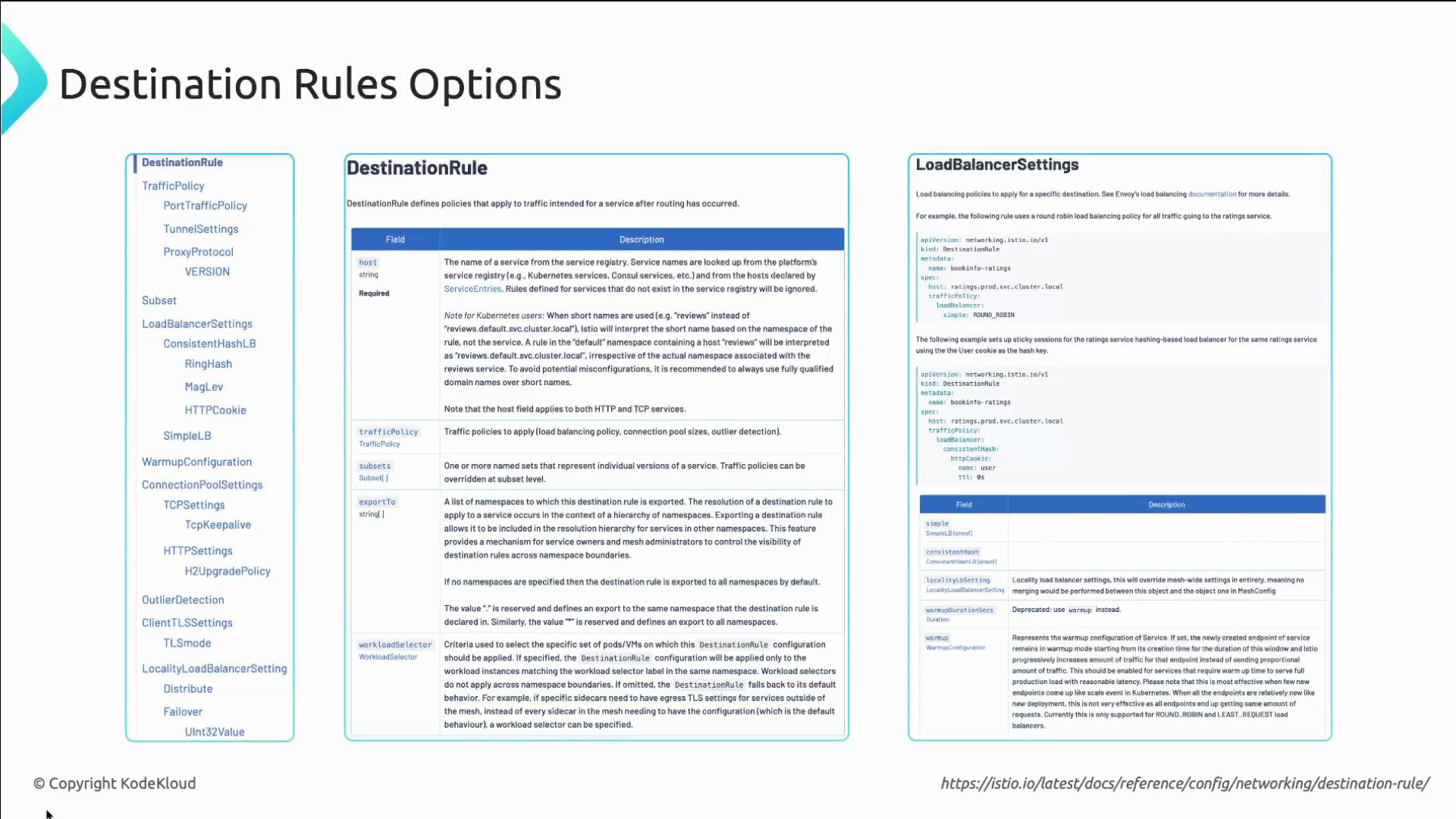 The image displays documentation for "Destination Rules Options" in a structured format, detailing elements like "DestinationRule," "LoadBalancerSettings," and various fields with descriptions related to network configuration.