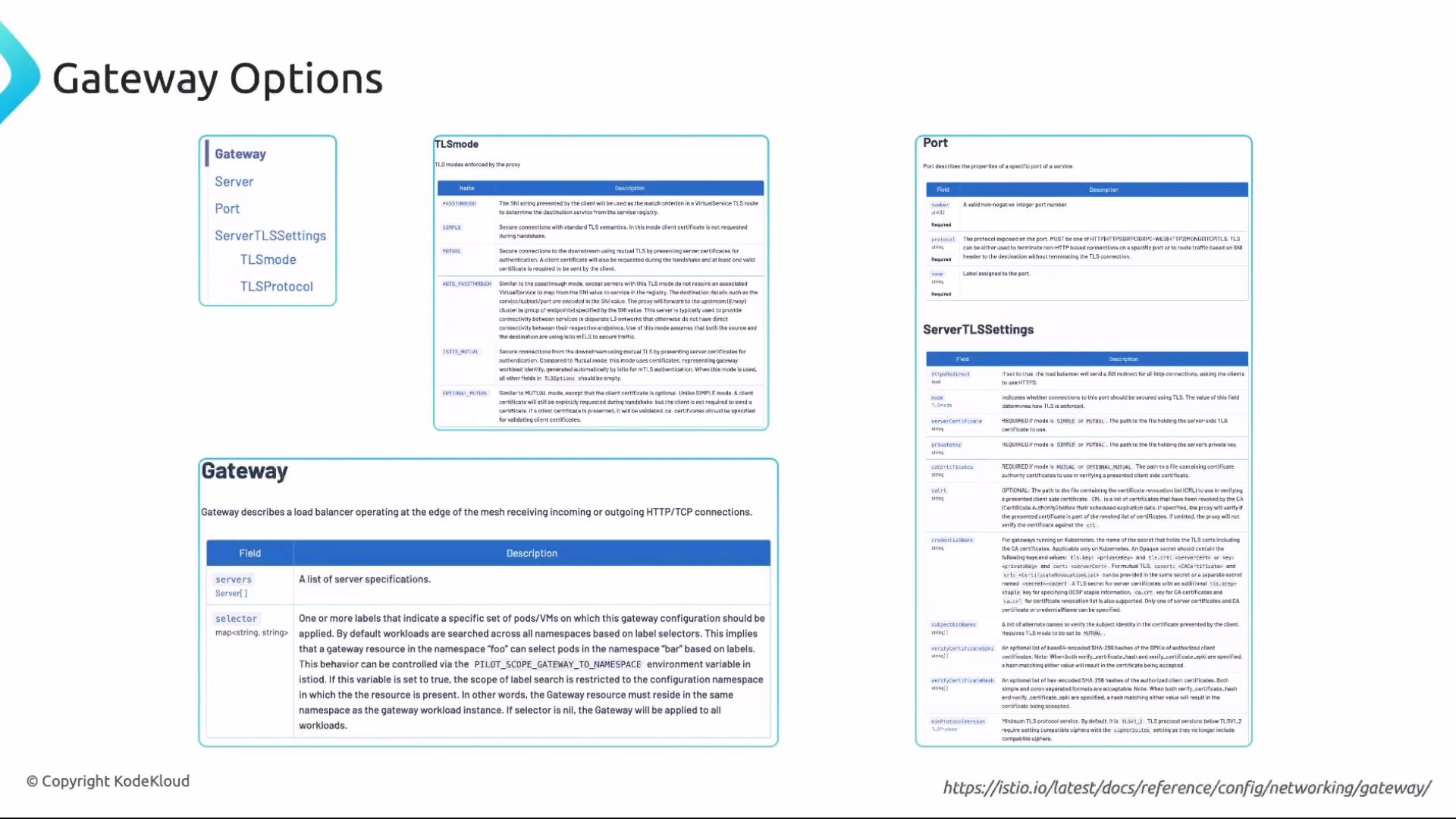 The image shows a diagram of "Gateway Options" related to server configurations, including sections on TLS mode, port, and server TLS settings, each with descriptive fields. It appears to be a reference guide from KodeKloud.