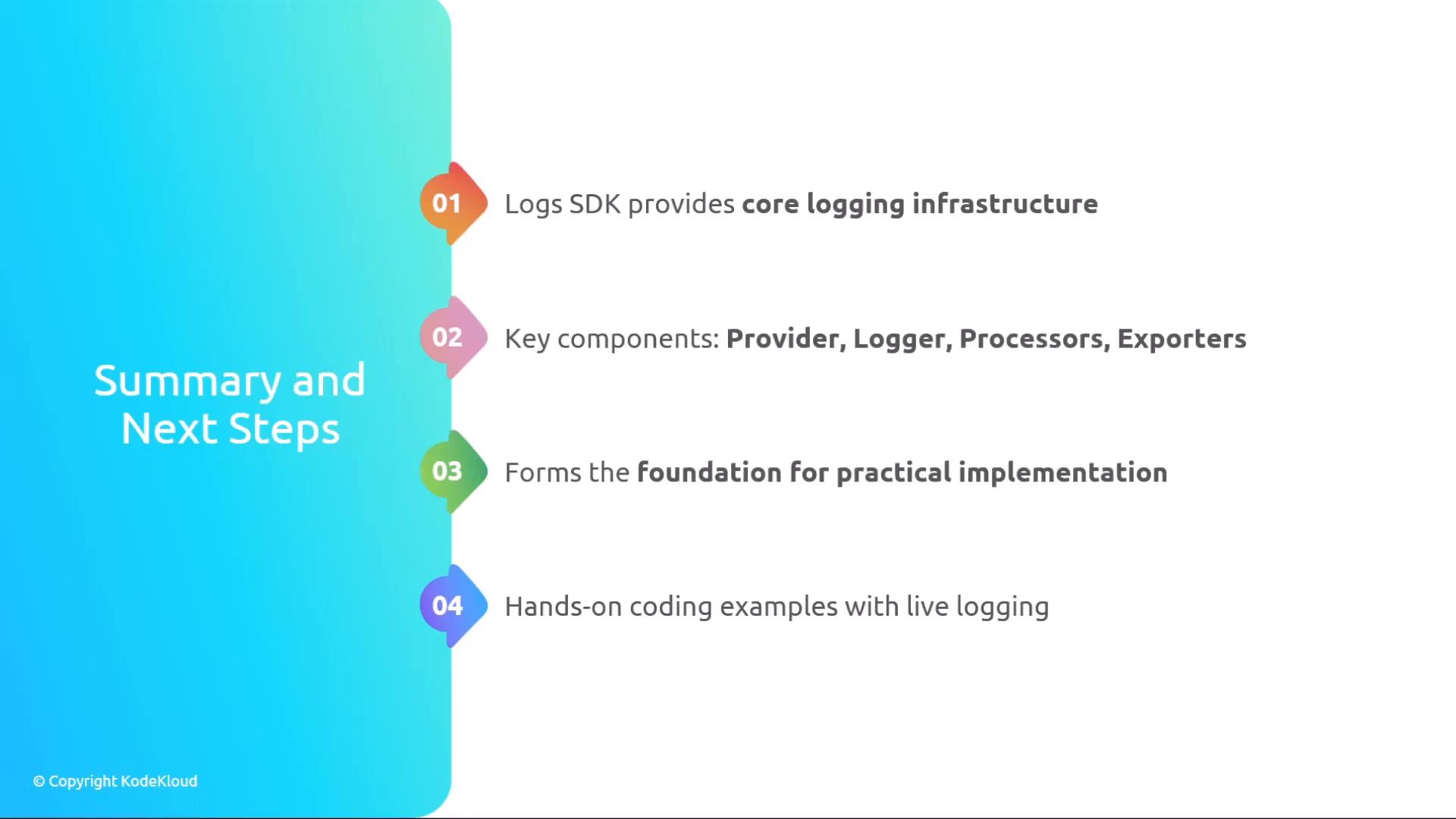 A presentation slide titled "Summary and Next Steps" with a vertical numbered list. The points summarize a Logs SDK: core logging infrastructure, key components (Provider, Logger, Processors, Exporters), foundation for implementation, and hands-on coding examples.