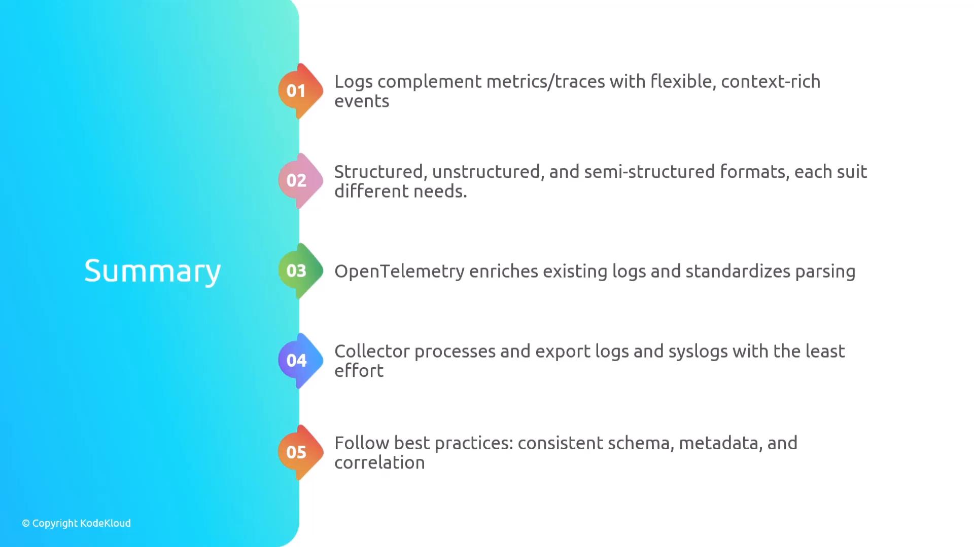 A presentation summary slide with a colorful vertical timeline and five numbered points outlining log handling and OpenTelemetry topics — including log formats, enrichment/standardization, collector processing, and best practices.
