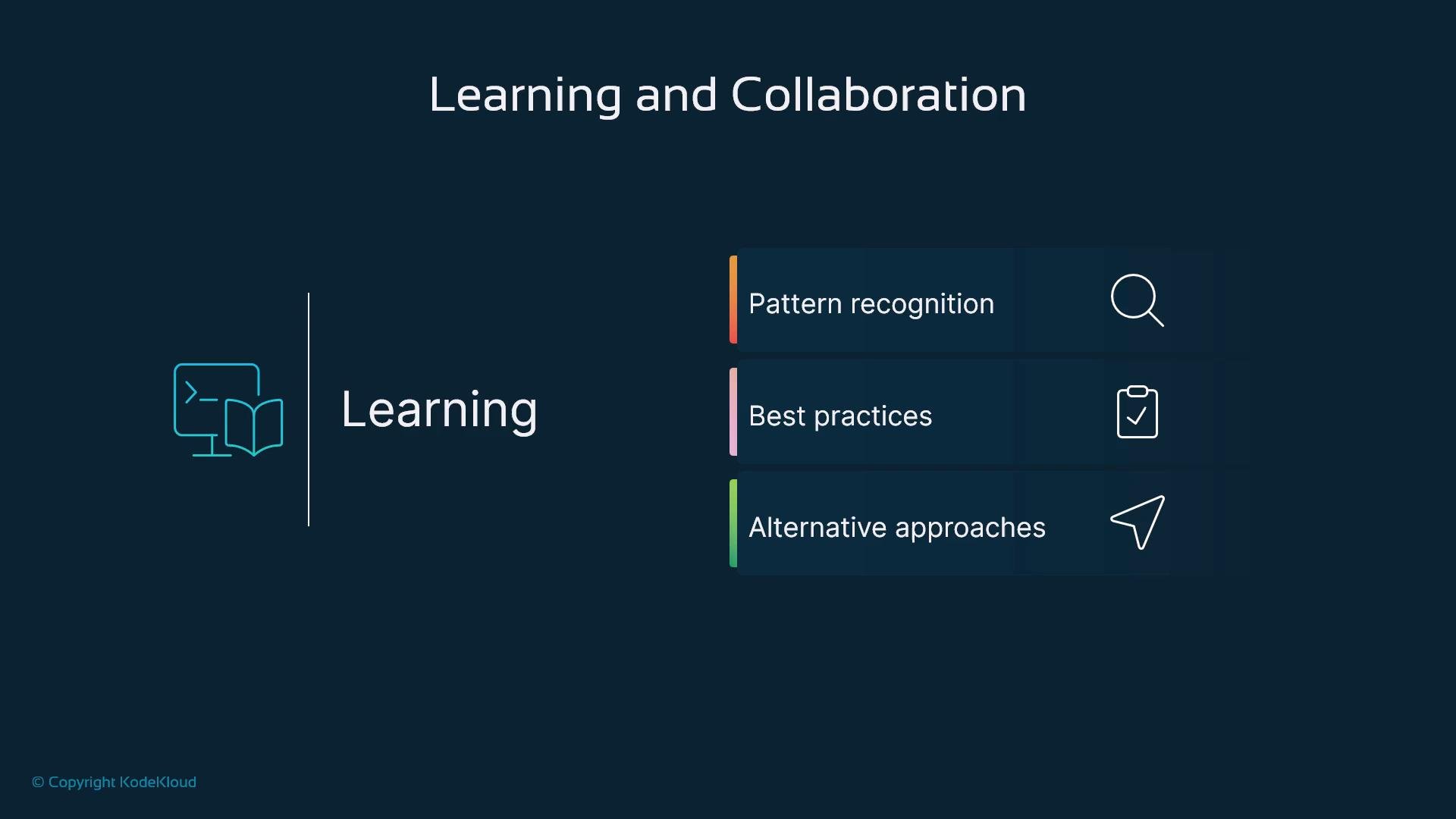 A dark-themed presentation slide titled "Learning and Collaboration" showing a "Learning" section with a computer-and-book icon and three labeled items—Pattern recognition, Best practices, and Alternative approaches—each paired with a small icon. The slide also includes a © KodeKloud credit.